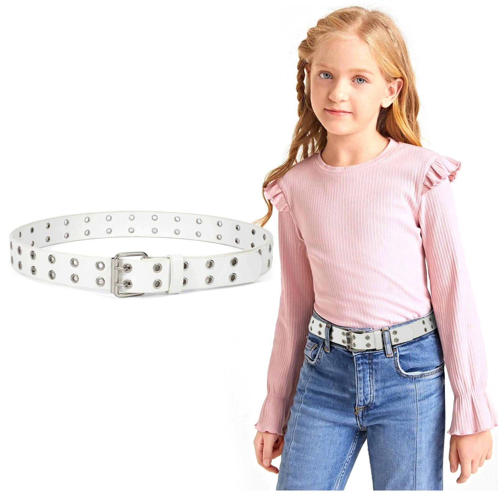 JASGOOD Kids Double Grommet Belt for Girls and Boys, PU Leather Kids Double Studded Holes Belt for Jeans Pants - JASGOOD OFFICIAL