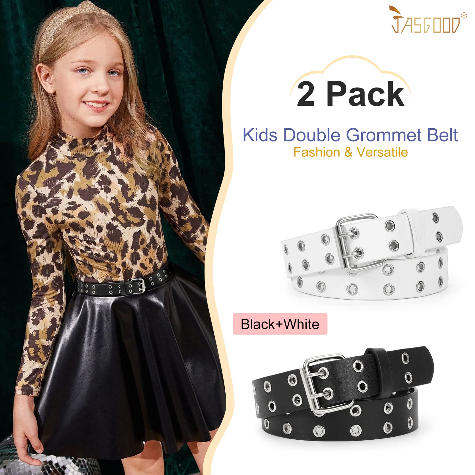 JASGOOD 2 Pack Kids Double Grommet Belt for Girls and Boys, PU Leather Kids Double Studded Holes Belt for Jeans Pants