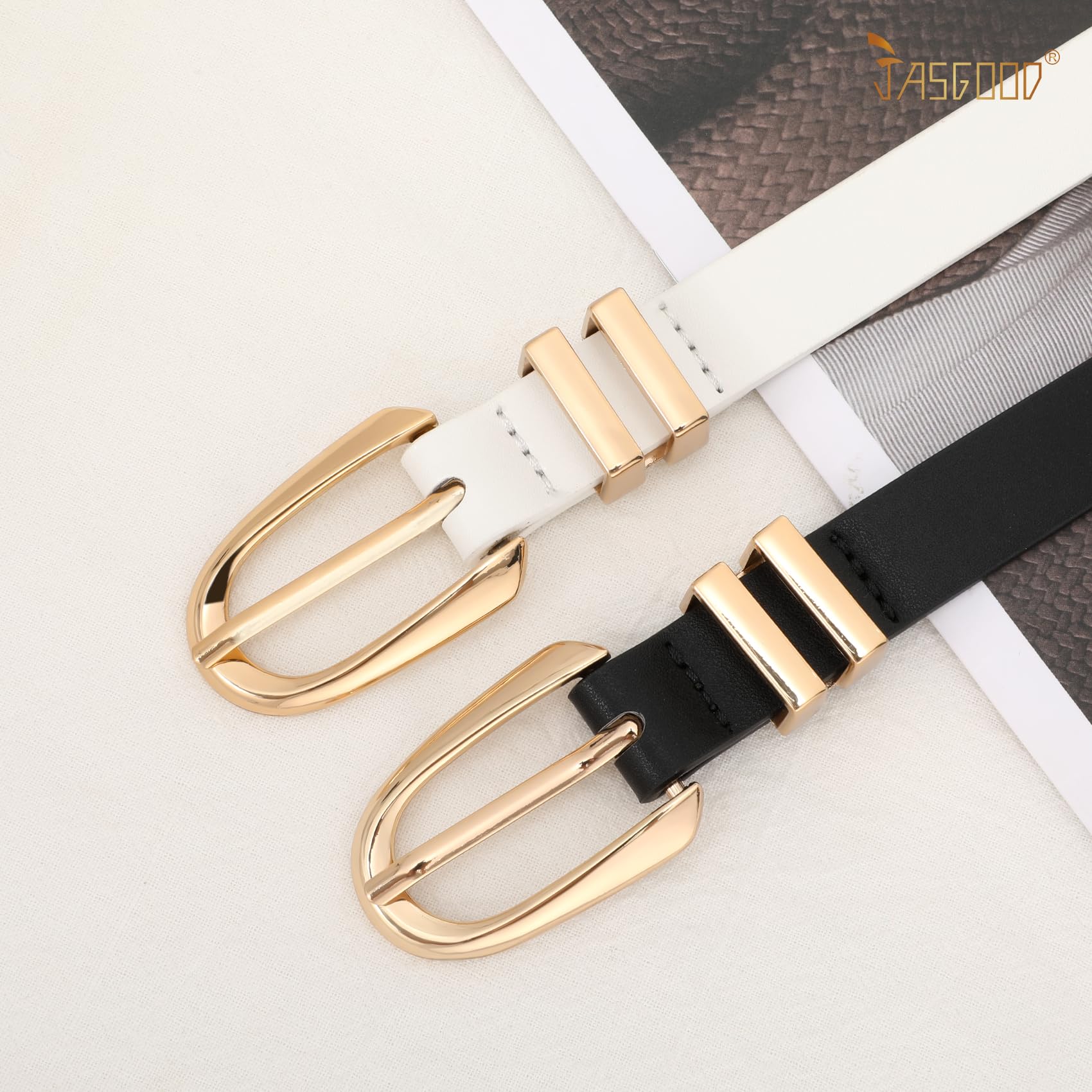JASGOOD 2 Pack Women Skinny PU Leather Belt Ladies Thin Leather Plus Size Waist Belt for Jeans Dress with Gold Buckle