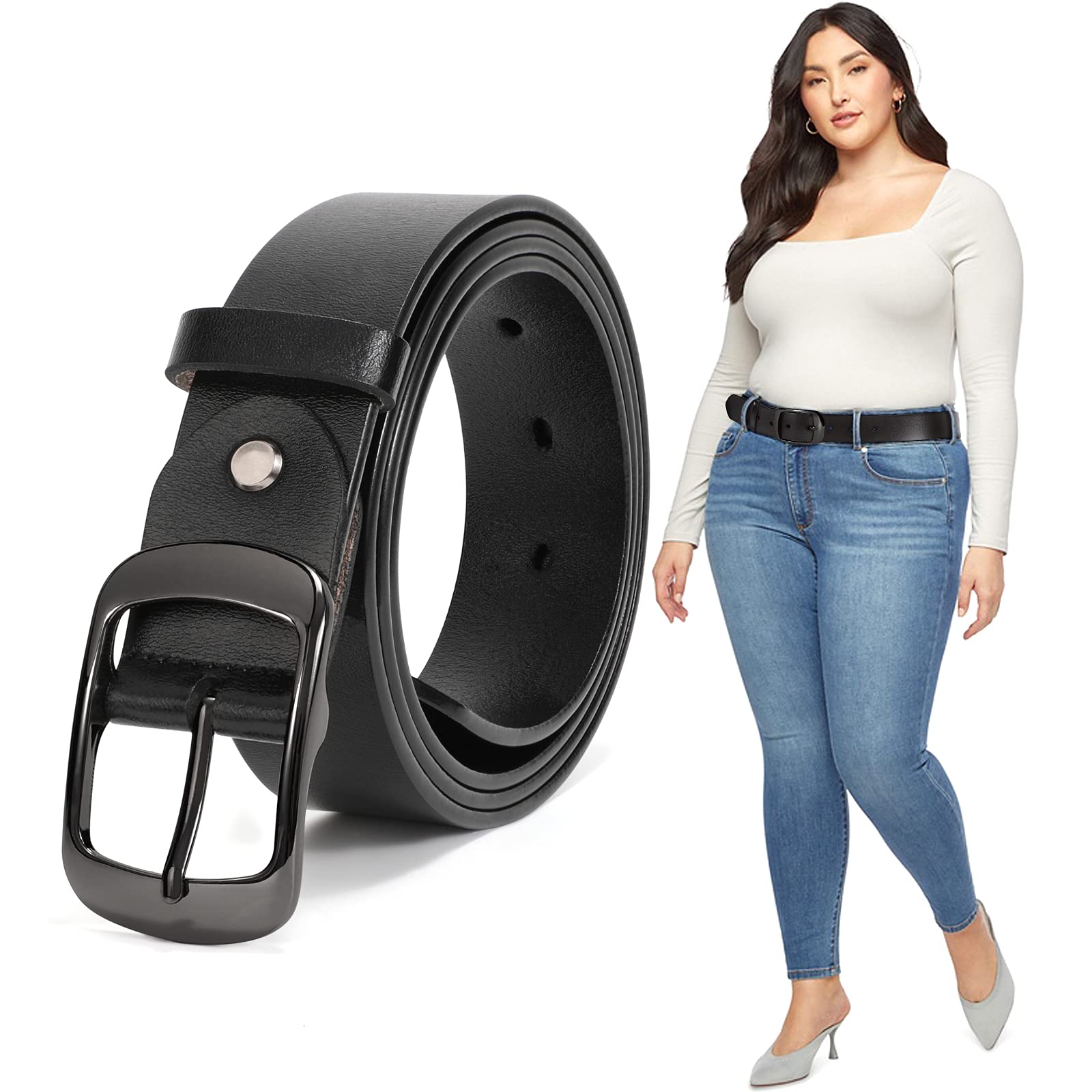 JASGOOD Plus Size Women Leather Belt Black Casual Waist Belt for Jeans Pants with Metal Pin Buckle - JASGOOD OFFICIAL