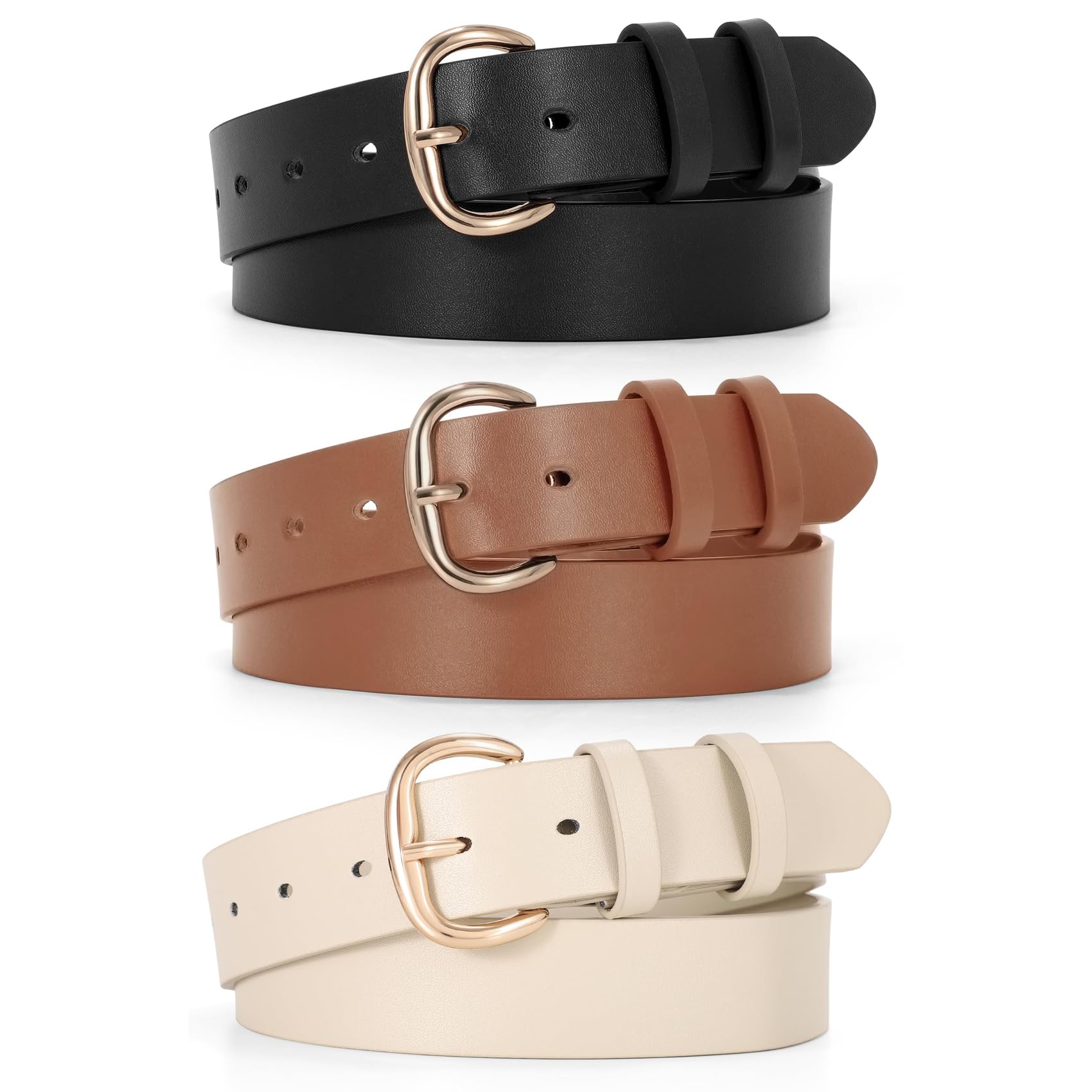JASGOOD 3 Pack Women Leather Belt for Jeans Pants Gold Buckle Casual Waist Dresses Belt for Ladies