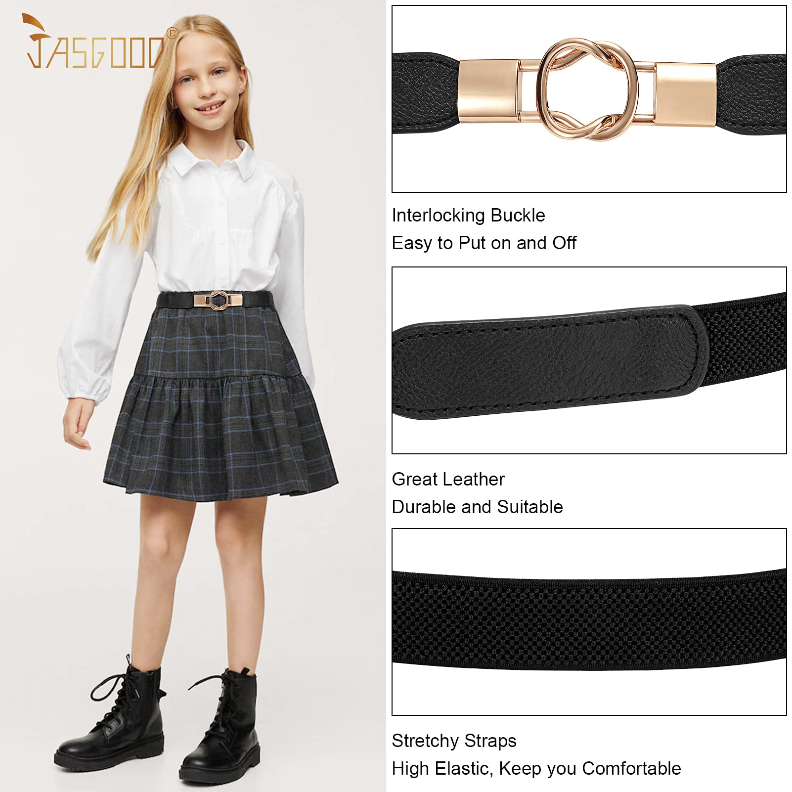 JASGOOD Kids Skinny Elastic Stretch Belts for girls with Easy Buckle Toddler School Uniform Dress Belts