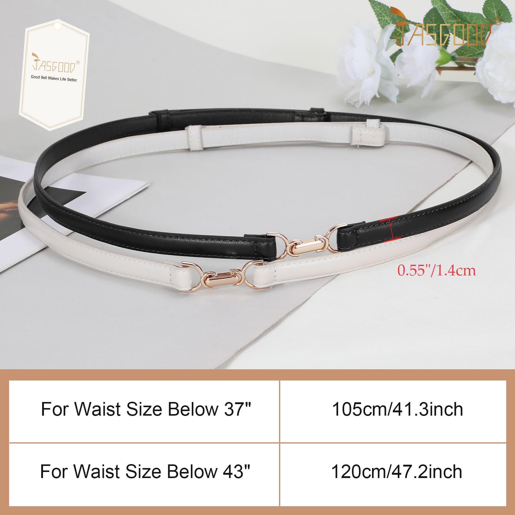 JASGOOD 2 Pack Women Skinny Faux Leather Belts Thin Waist Belts With Adjustable Gold Buckle for Dresses Jeans
