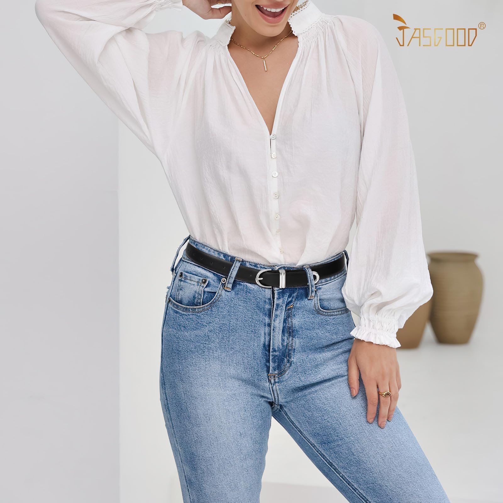 JASGOOD Women Leather Belt for Jeans Pants Fashion Gold Buckle Ladies Waist Belt