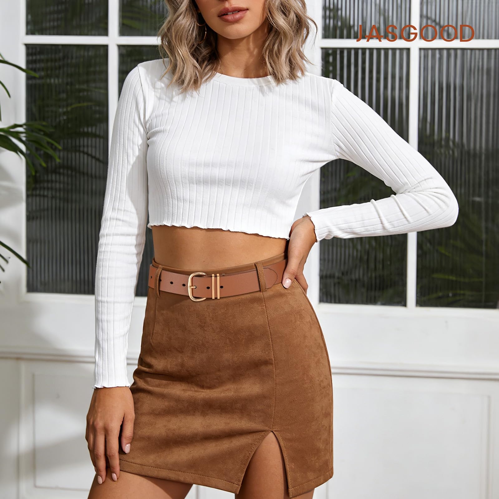 JASGOOD 3 Pack Belts for Women Leather Waist Belts for Jeans Dresses Pants Ladies Fashion Belt with Gold Buckle