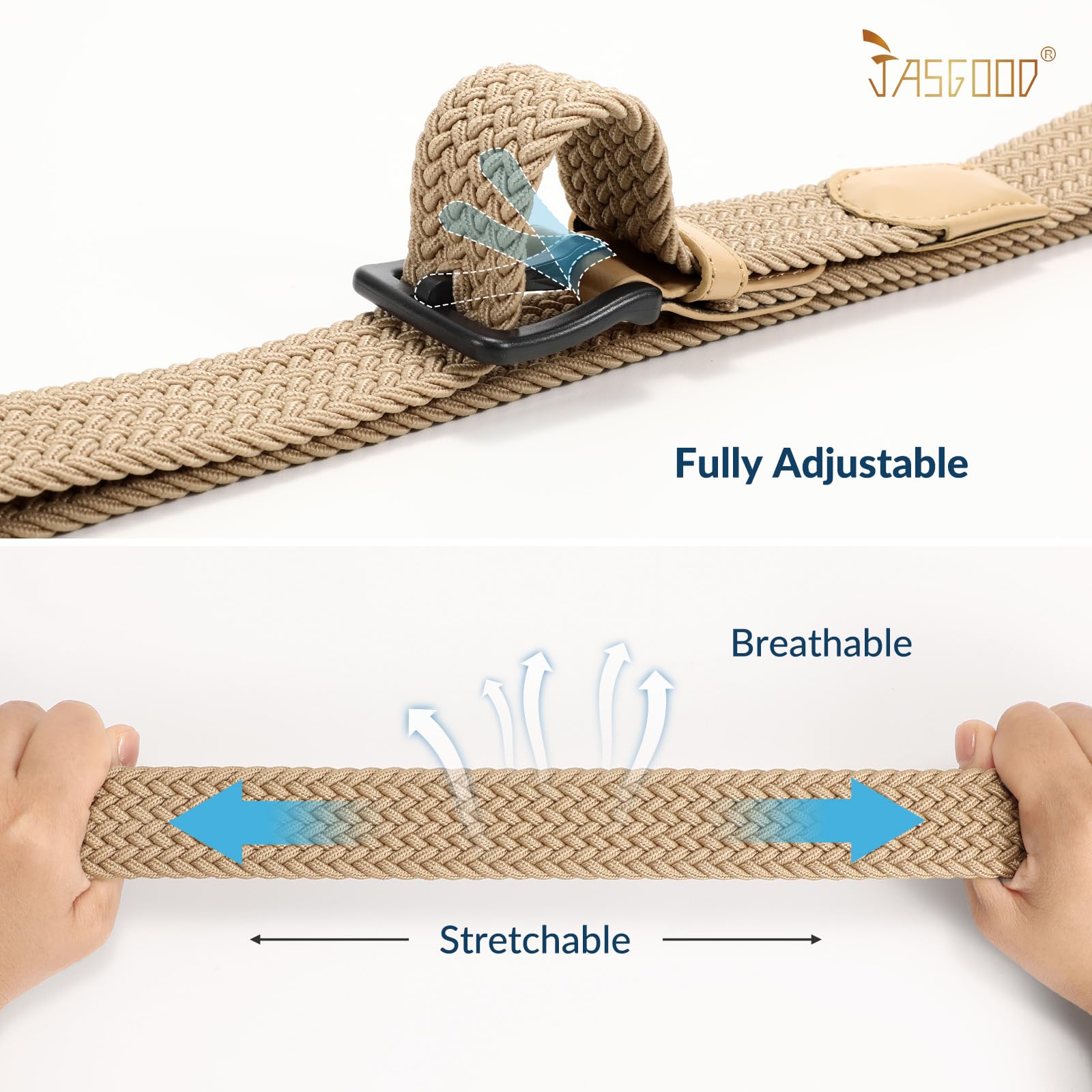 JASGOOD Elastic Braided Belt Men Stretch Golf Woven Casual Jeans Pants Canvas Fabric Tsa Approved Metal Free Belt