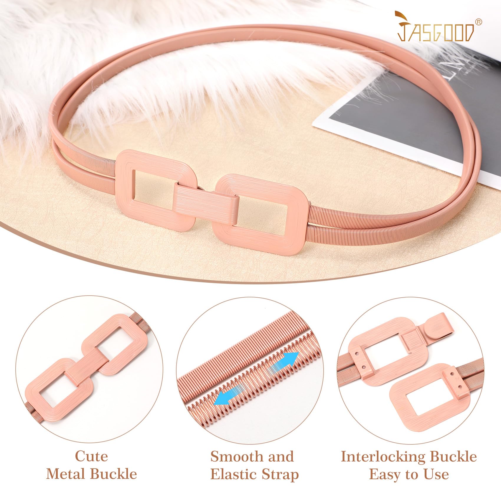 JASGOOD Skinny Metal Elastic Waist Belt for Women Stretch Thin Belt for Dresses