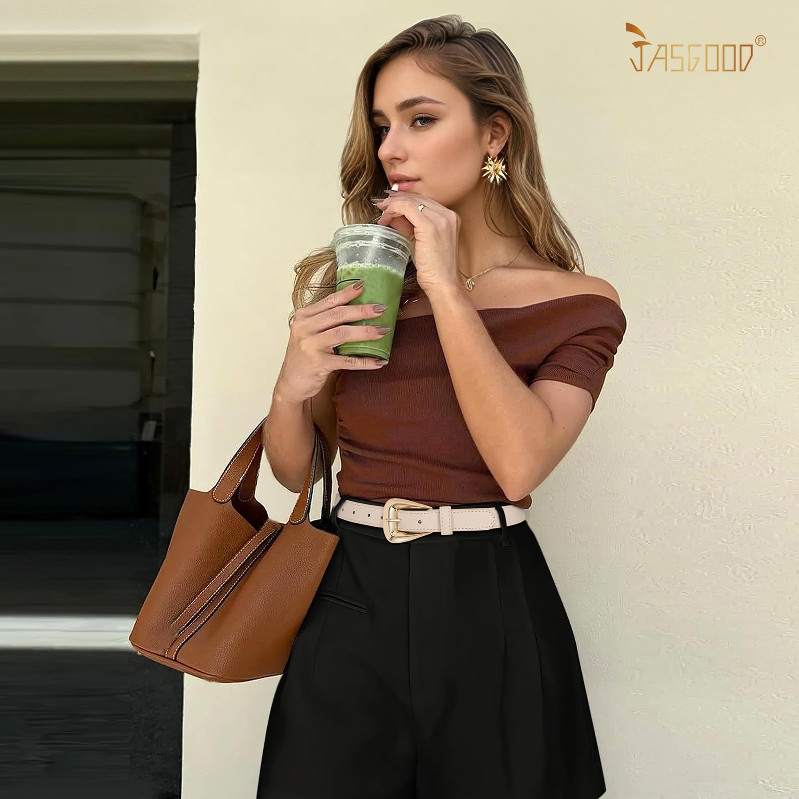 JASGOOD Women Leather Belts for Jeans Pants Soft Leather Waist Belt for Ladies Vintage Belt with Gold Buckle 0.9" Width