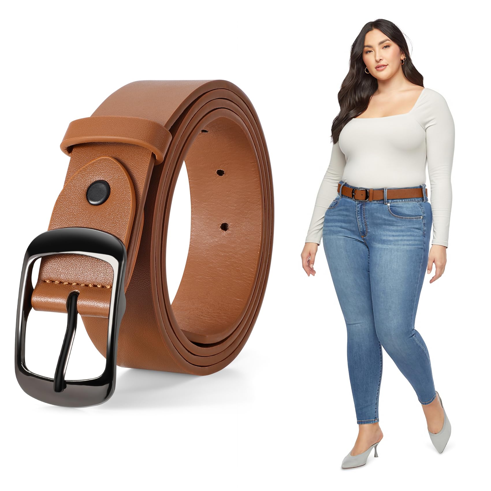 JASGOOD Plus Size Women Leather Belt Black Casual Waist Belt for Jeans Pants with Metal Pin Buckle - JASGOOD OFFICIAL