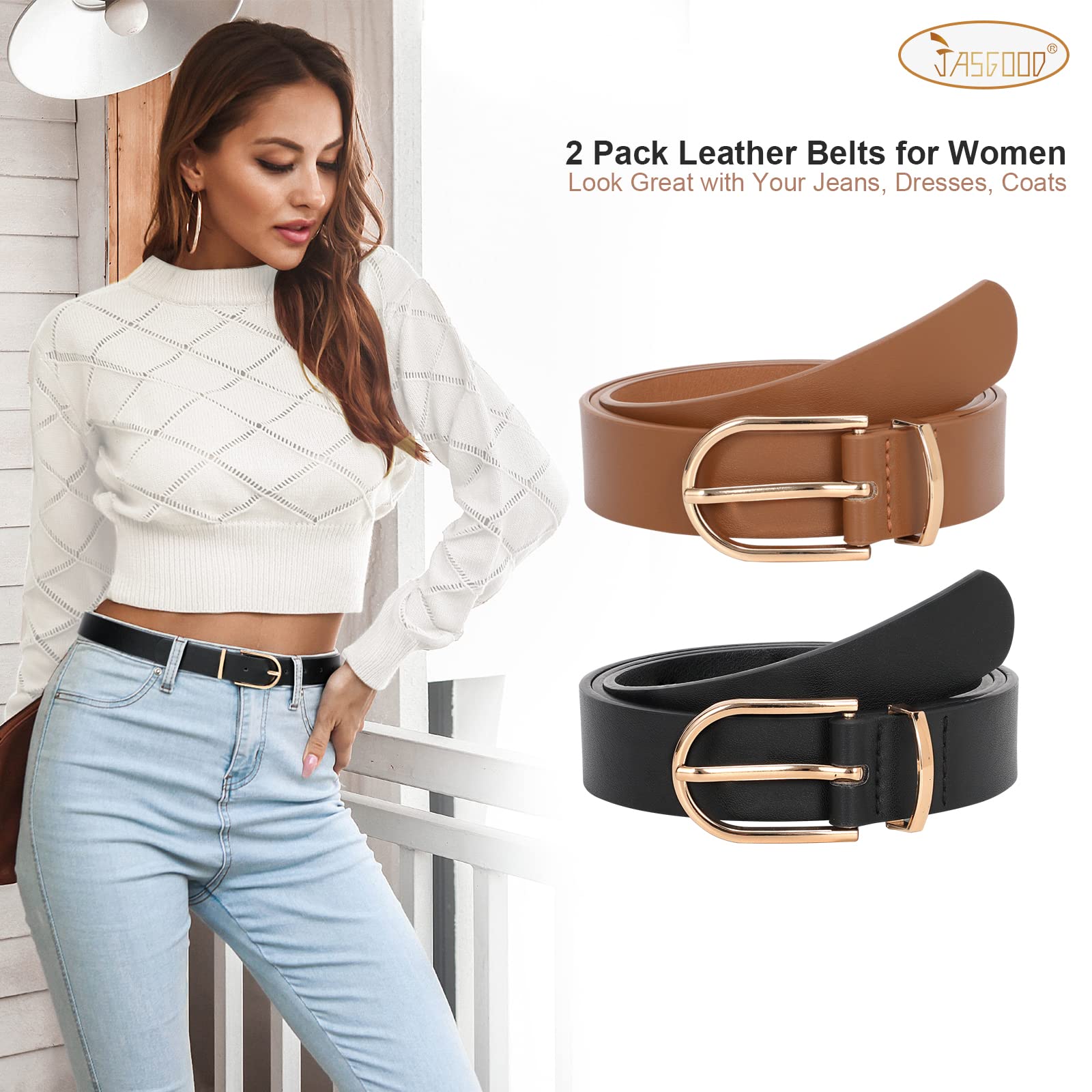 JASGOOD Women’s Leather Belts for Jeans Pants Fashion Ladies Belt with Gold Buckle - JASGOOD OFFICIAL