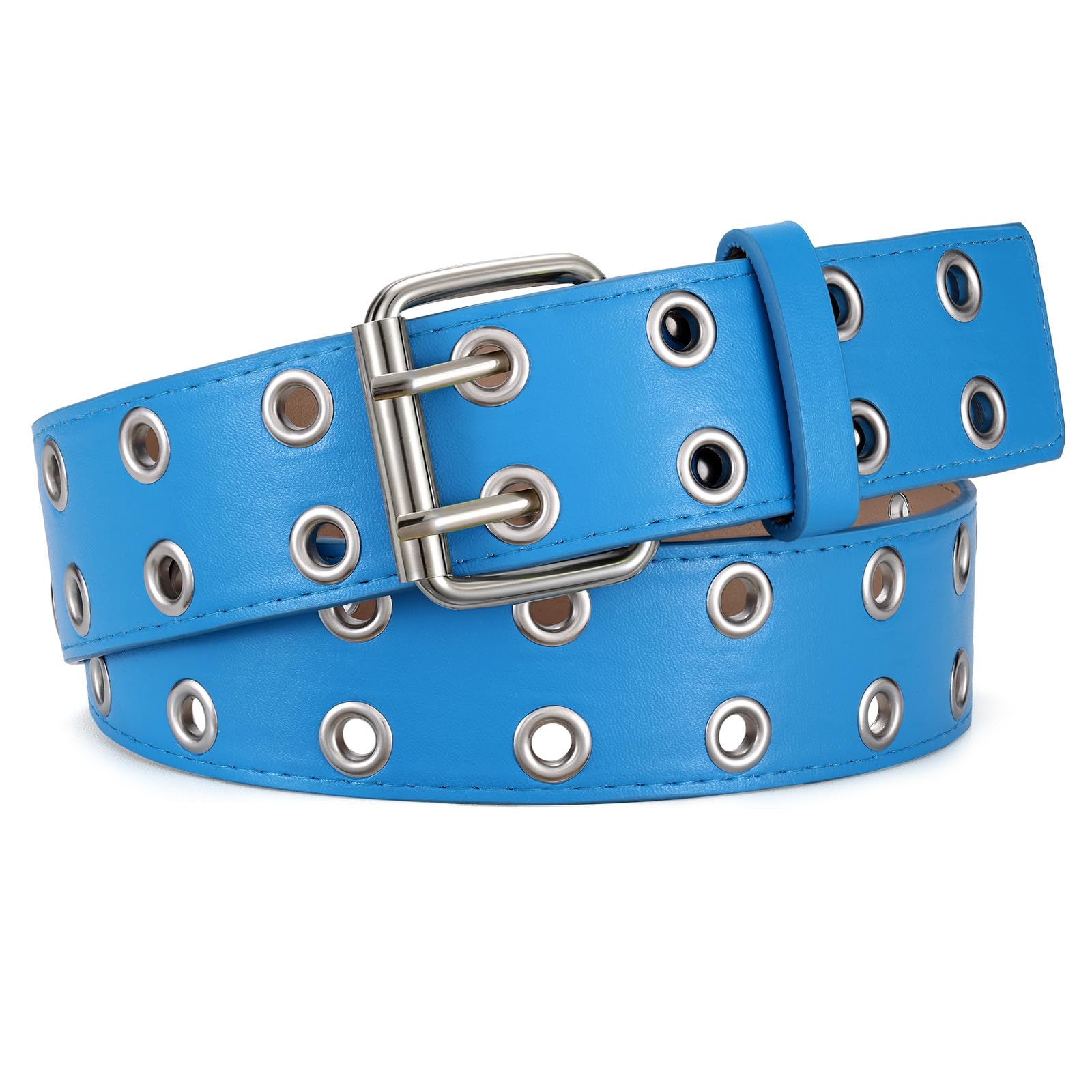 WERFORU Double Grommet Belt PU Leather Punk Belt for Women Men Jeans 2 Hole Belts 1.5 Wide - JASGOOD OFFICIAL