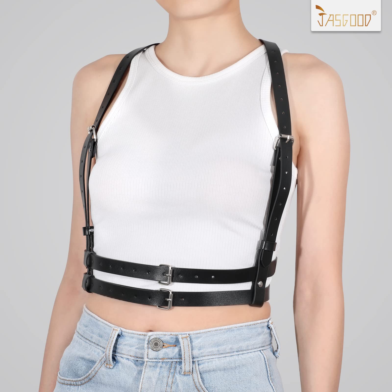 JASGOOD Punk Waist Belt Women PU Leather Skinny Body Adjustable Belts with Gothic Circle for Party