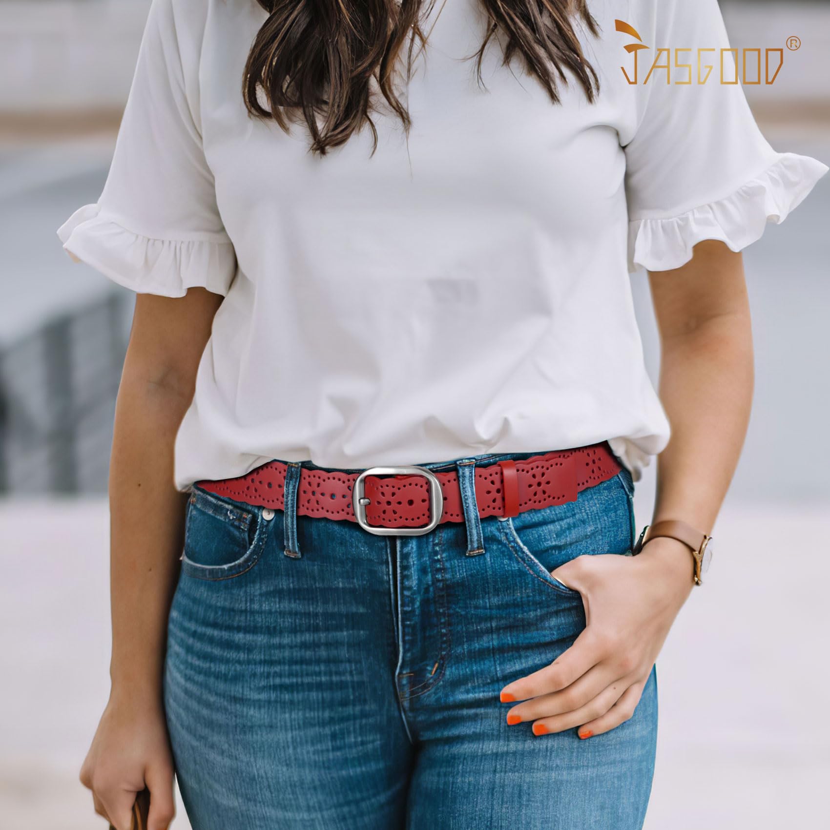 JASGOOD Women's Hollow Flower Genuine Leather Belt for Jeans Pants Wide Belt for Ladies - JASGOOD OFFICIAL