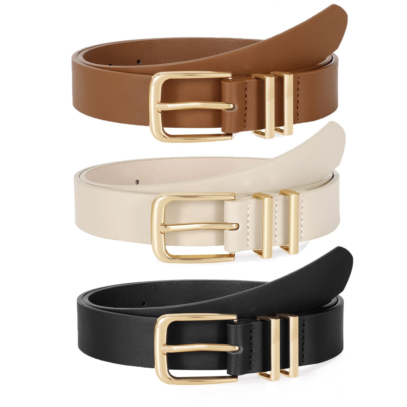 JASGOOD 3 Pack Women's Leather Belts for Jeans Dress Pants Trendy Belts with Gold Buckle