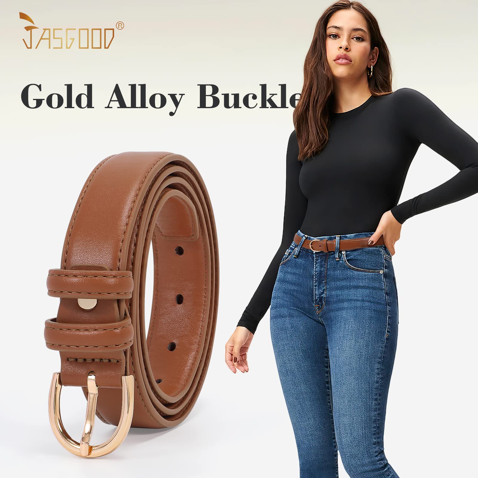 JASGOOD Women Leather Belt Fashion Dress Belt with Gold Buckle for Ladies Jeans Pants