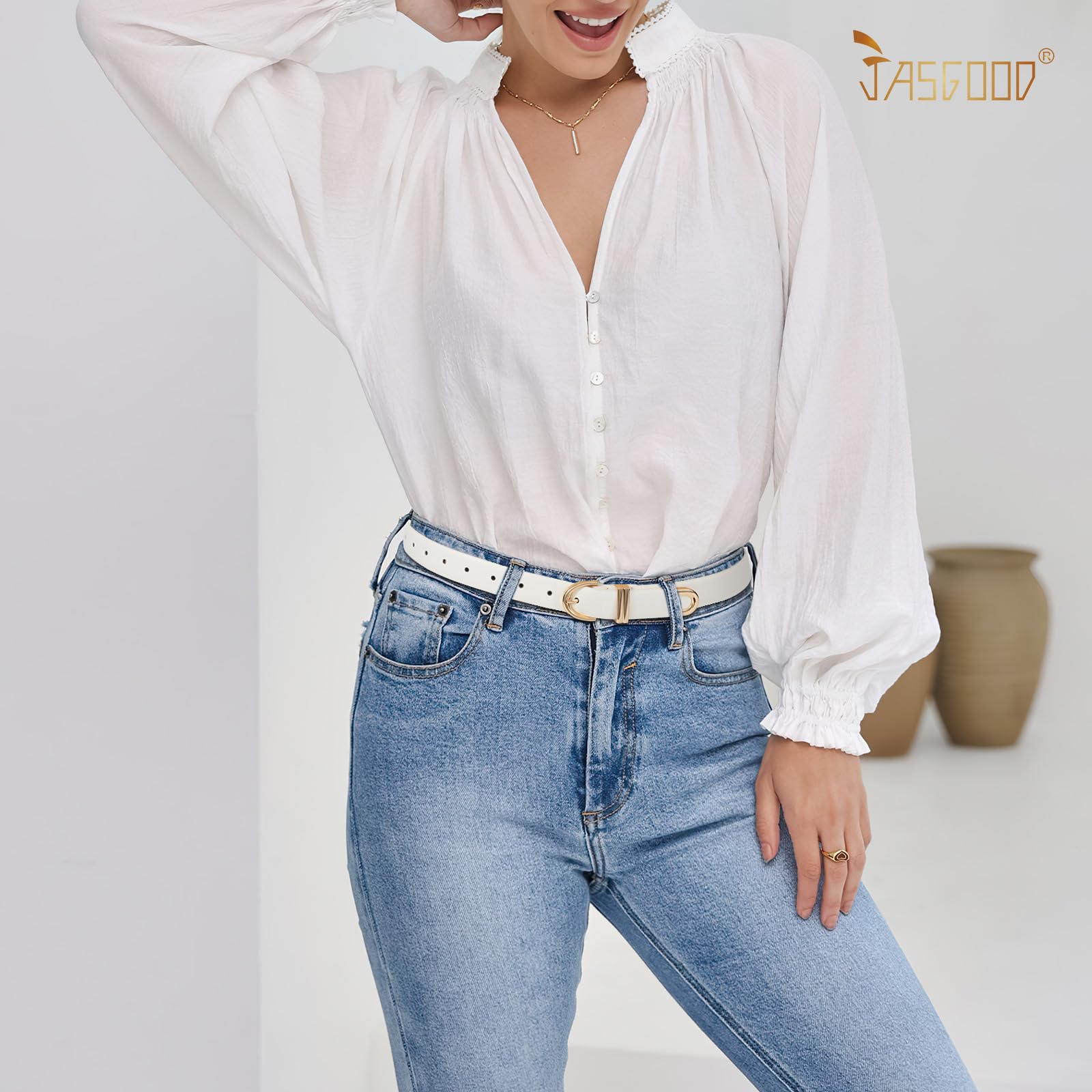 JASGOOD Women Leather Belt for Jeans Pants Fashion Gold Buckle Ladies Waist Belt