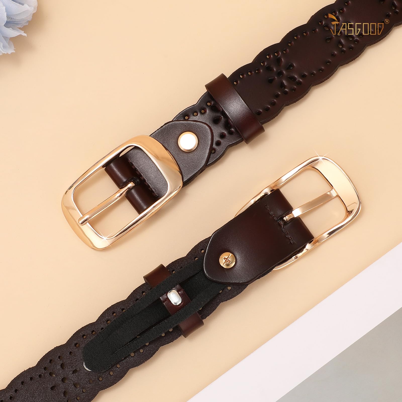 JASGOOD Leather Belt for Women Hollow Flower Leather Belt for Jeans Pants Fashion Waist Belt with Gold Buckle