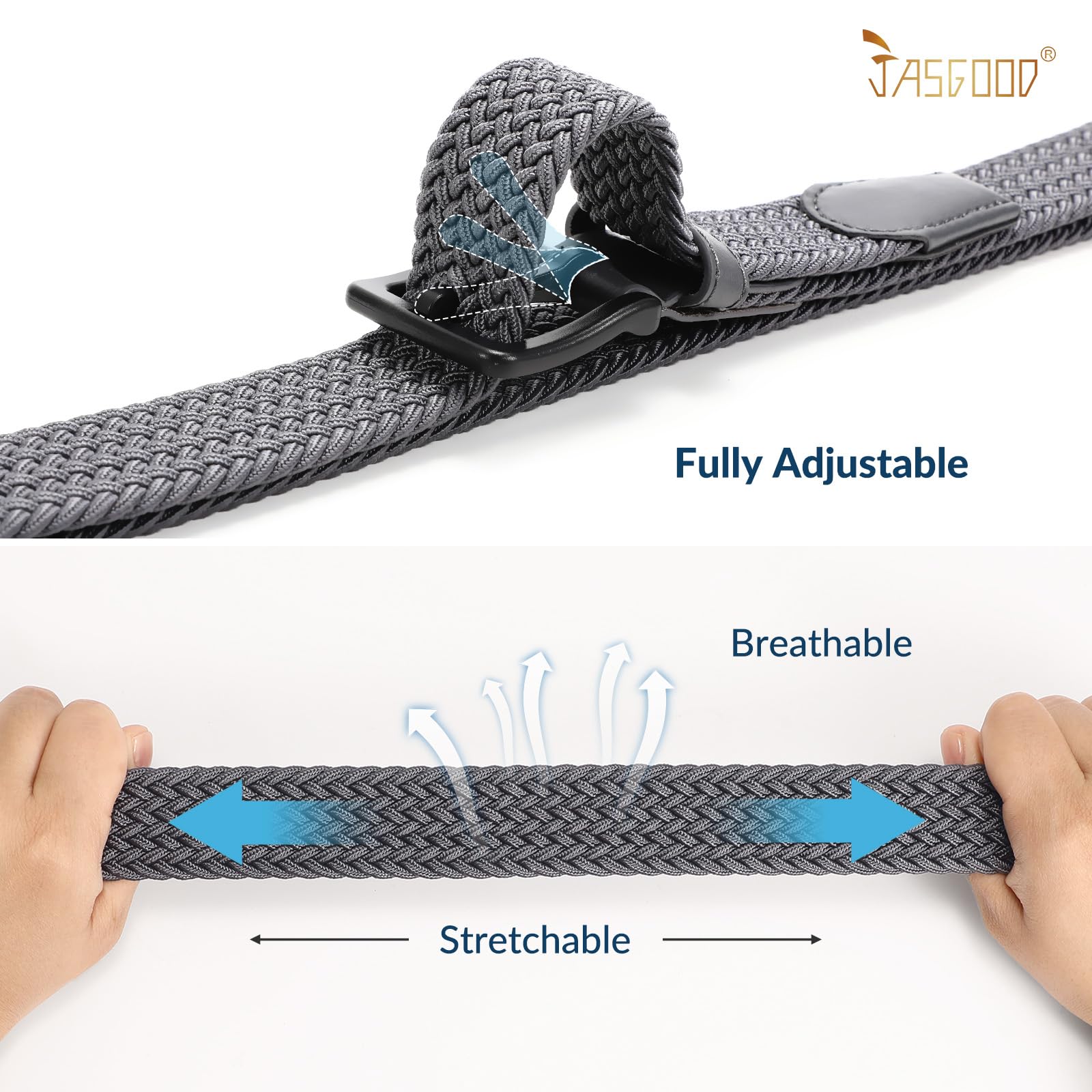 JASGOOD Elastic Braided Belt Men Stretch Golf Woven Casual Jeans Pants Canvas Fabric Tsa Approved Metal Free Belt