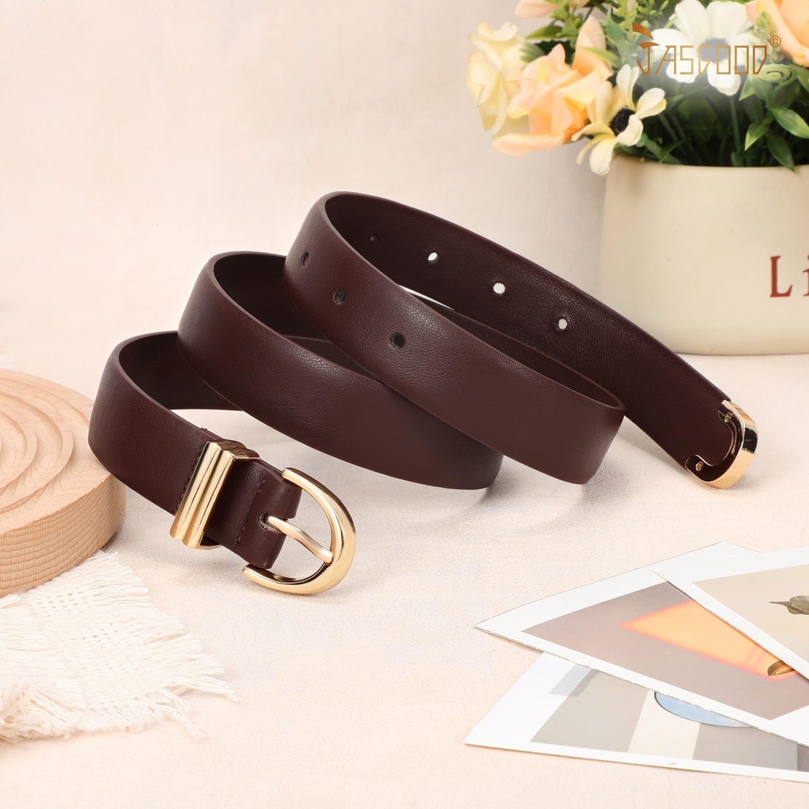 JASGOOD Women Leather Belt for Jeans Pants Fashion Gold Buckle Ladies Waist Belt