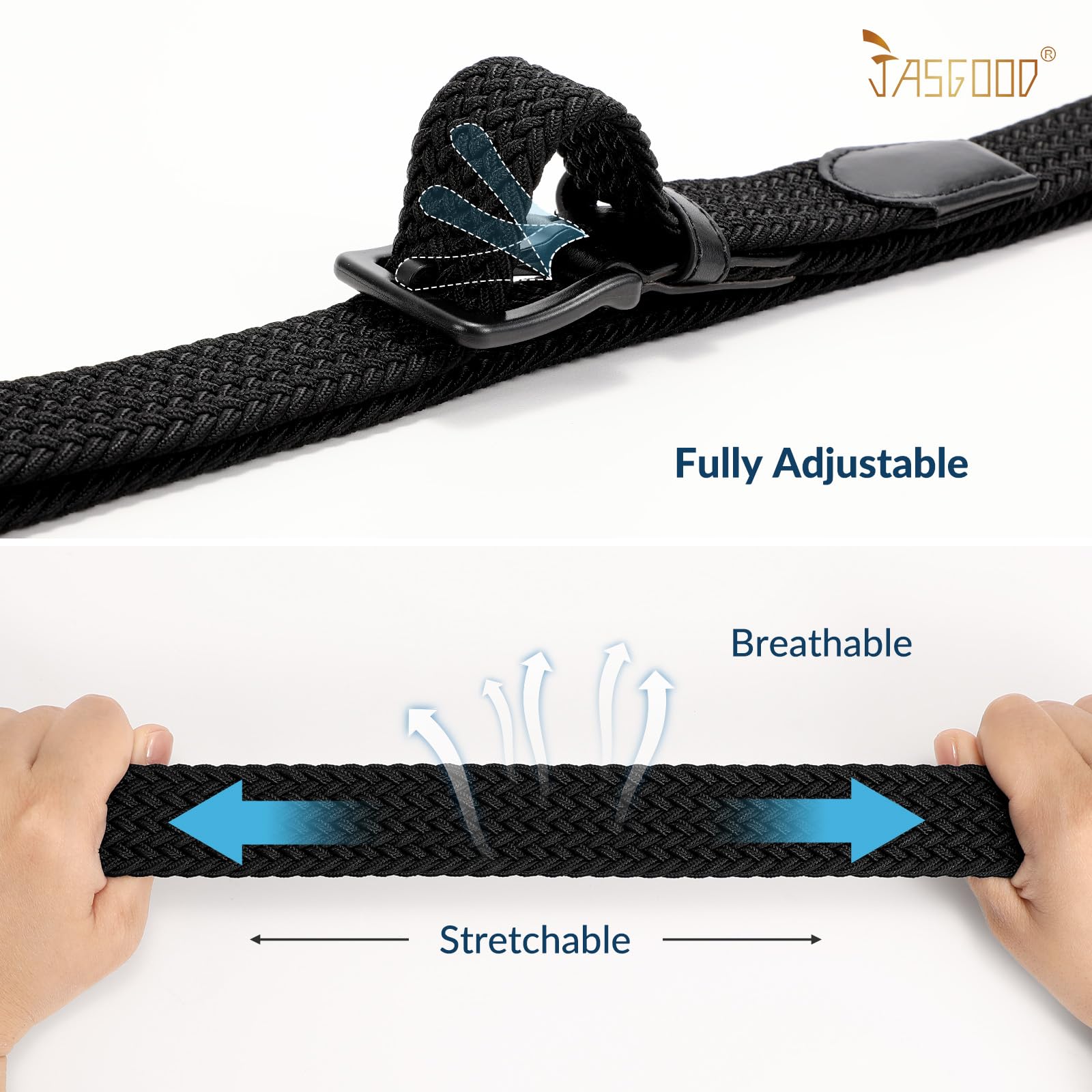 JASGOOD Elastic Braided Belt Men Stretch Golf Woven Casual Jeans Pants Canvas Fabric Tsa Approved Metal Free Belt