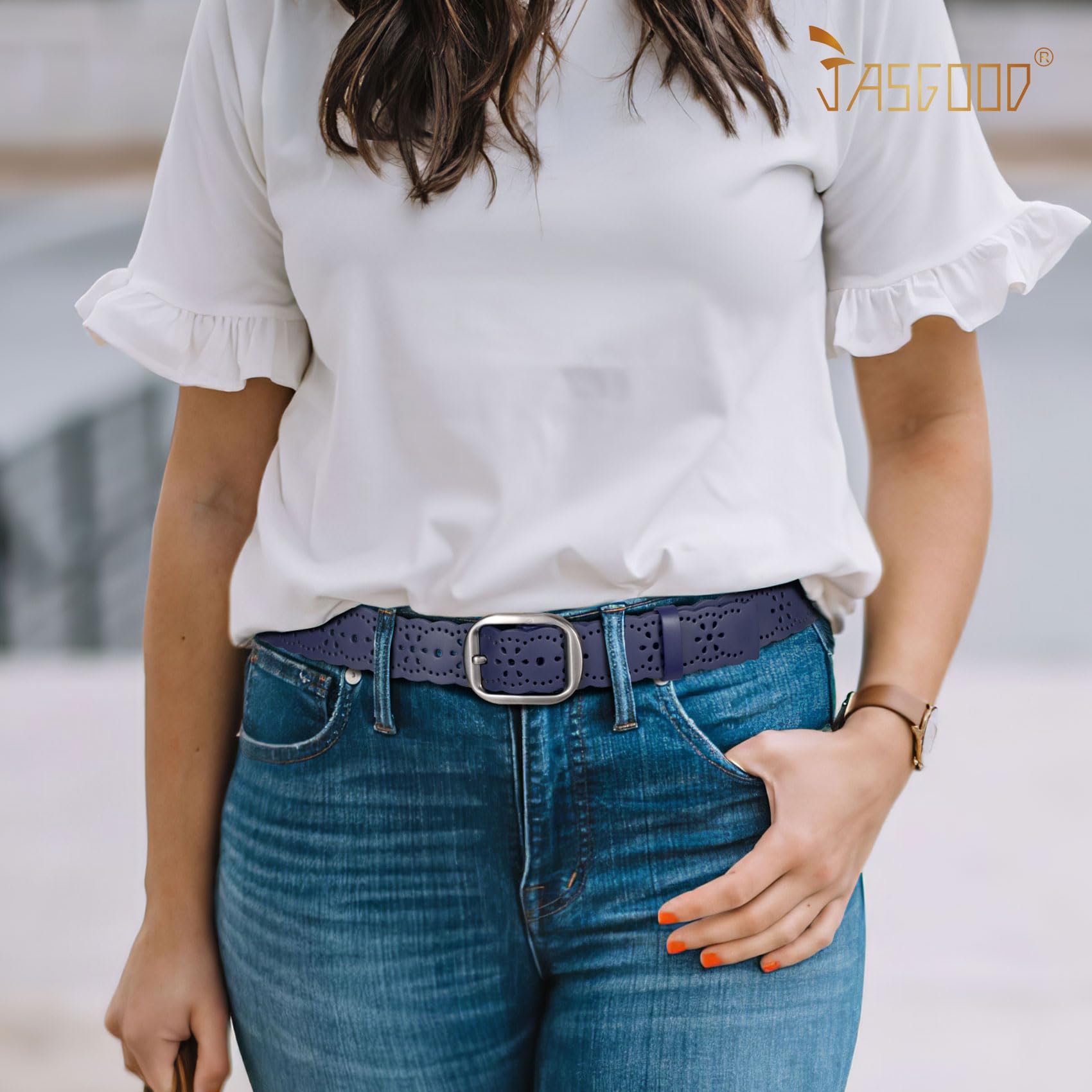 JASGOOD Women's Hollow Flower Genuine Leather Belt for Jeans Pants Wide Belt for Ladies - JASGOOD OFFICIAL