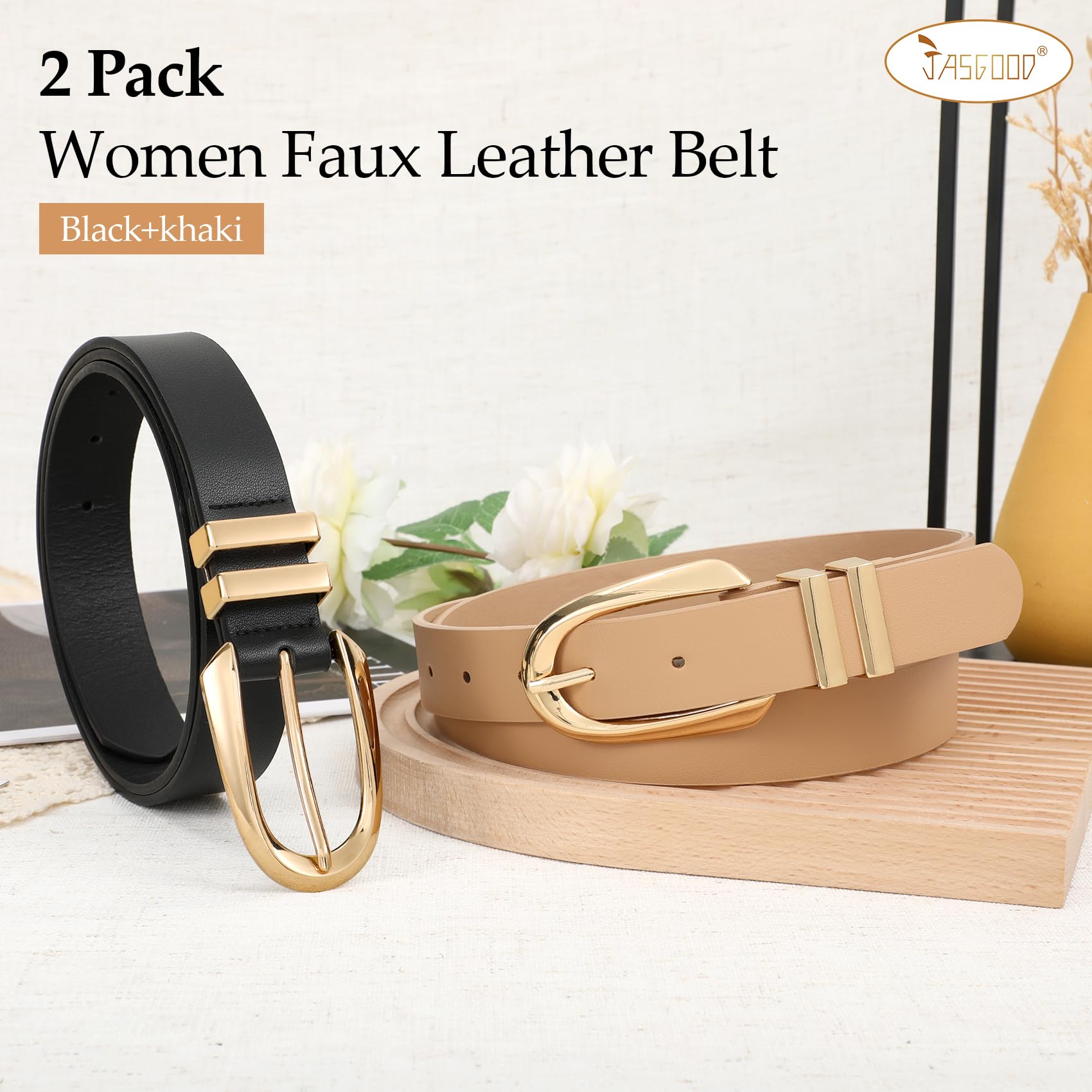 JASGOOD Women Leather Belt Fashion Waist Belt for Pants Jean Ladies Faux Leather Dress belt with Gold/Silver Buckle 2 Pack