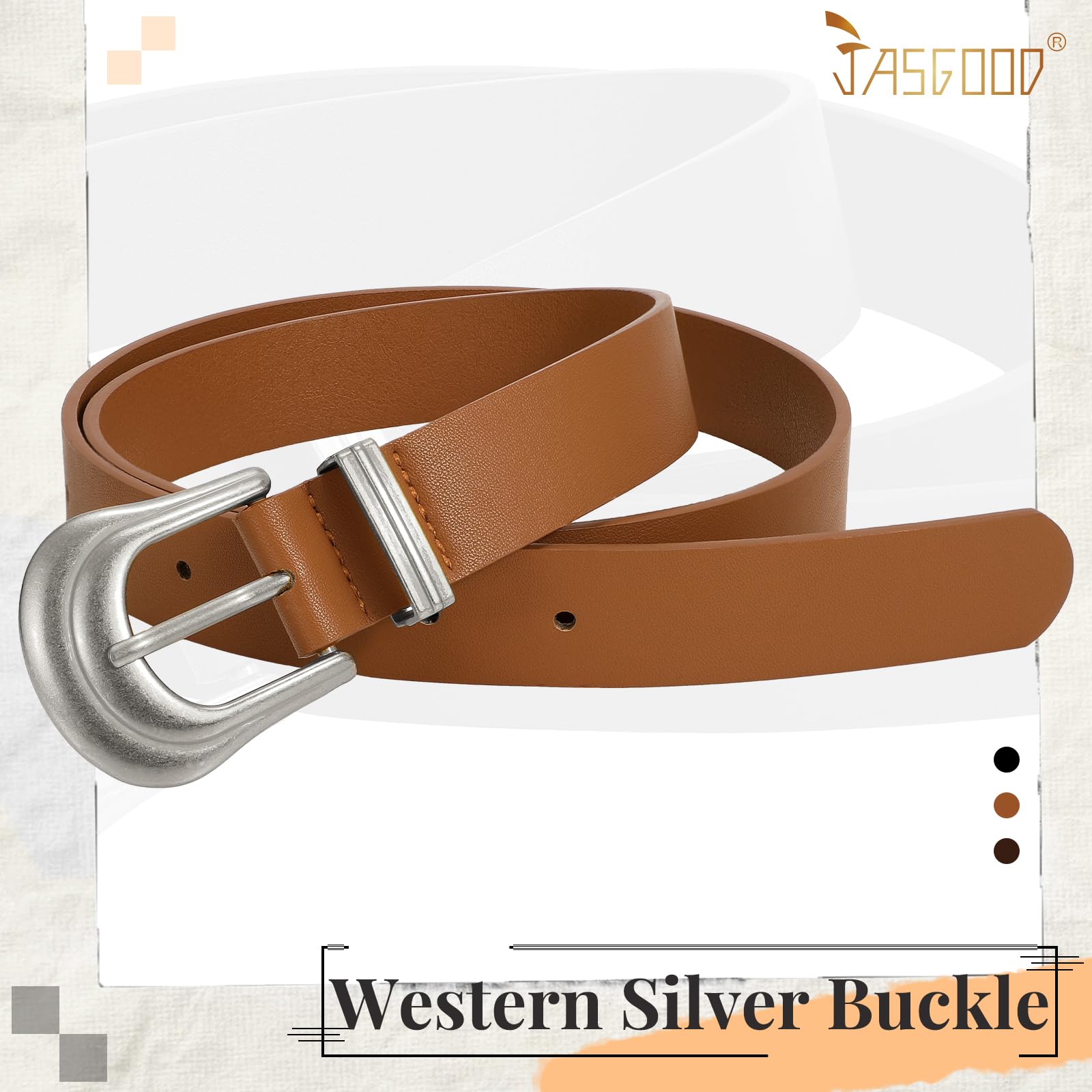 JASGOOD Women's Western Belt Vintage Black Leather Waist Belt for Pants Jeans with Gold Buckle