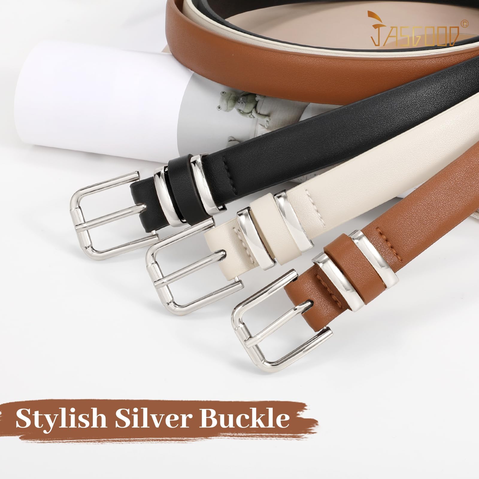 JASGOOD 3 Pack Belts for Women Belt for Jeans Pants Dress Ladies Leather Fashion Waist Thin Belts with Gold Buckle
