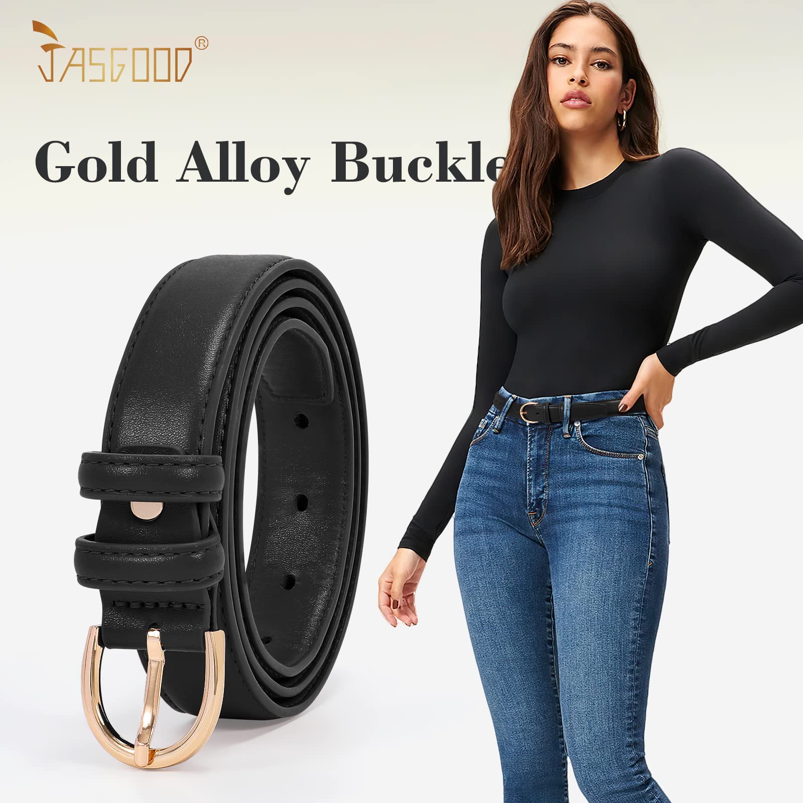 JASGOOD Women Leather Belt Fashion Dress Belt with Gold Buckle for Ladies Jeans Pants