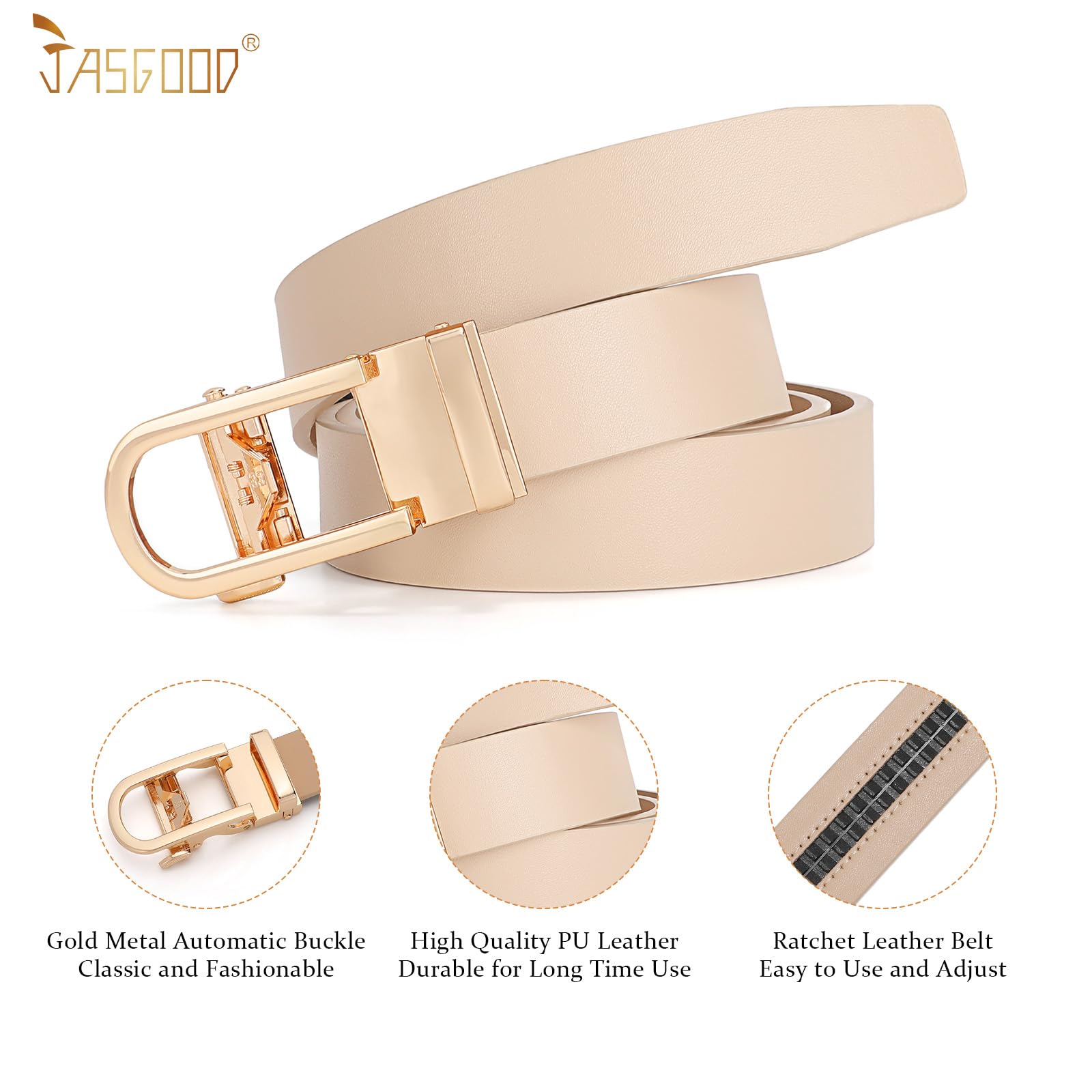 JASGOOD Women Leather Ratchet Belt for Jeans Pants Dresses Adjustable Belt with Automatic Sliding Buckle, Width 1.2" - JASGOOD OFFICIAL