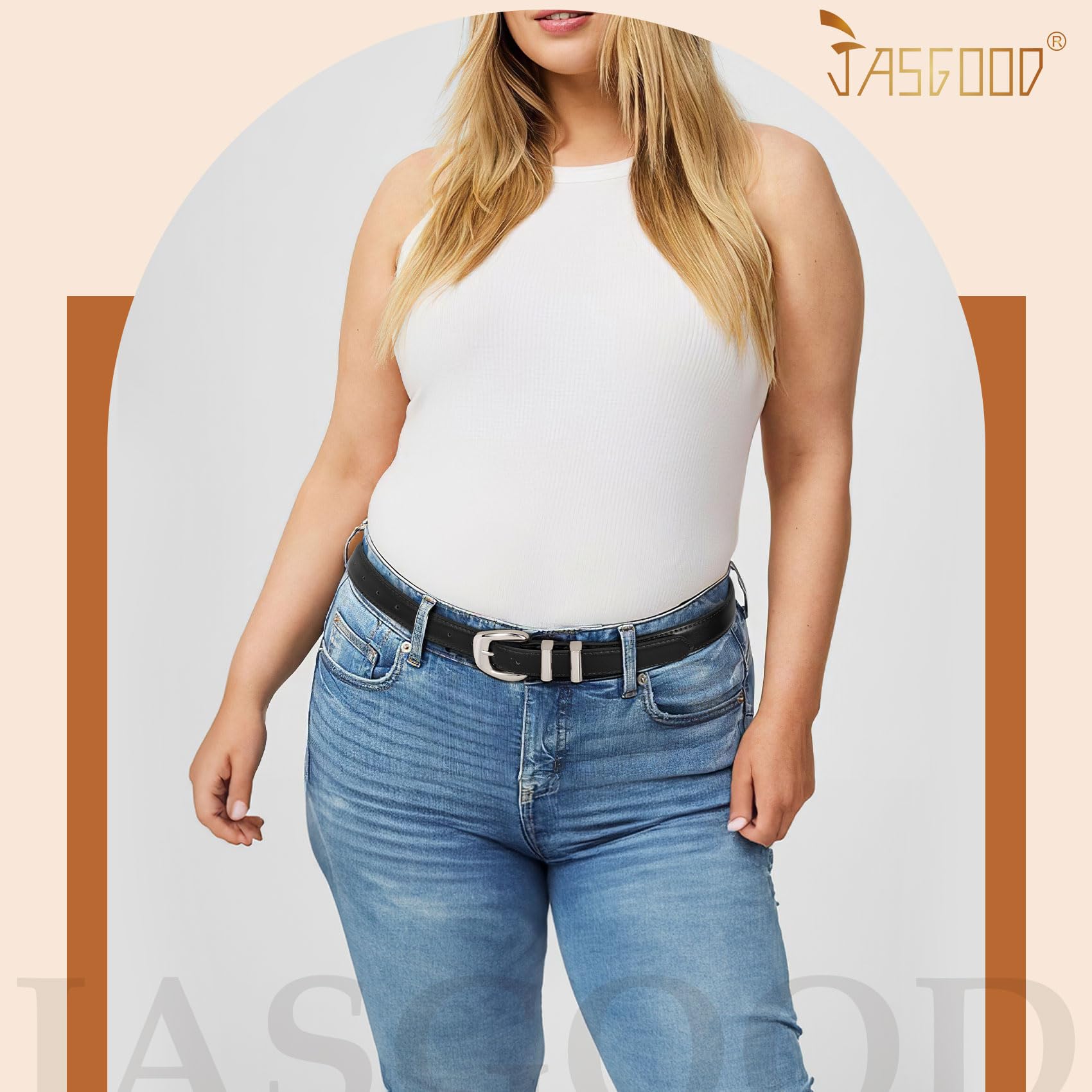 JASGOOD Women Leather Belt with Gold Buckle Plus Size Belt for Jeans Pants PU Leather Waist Belt for Ladies