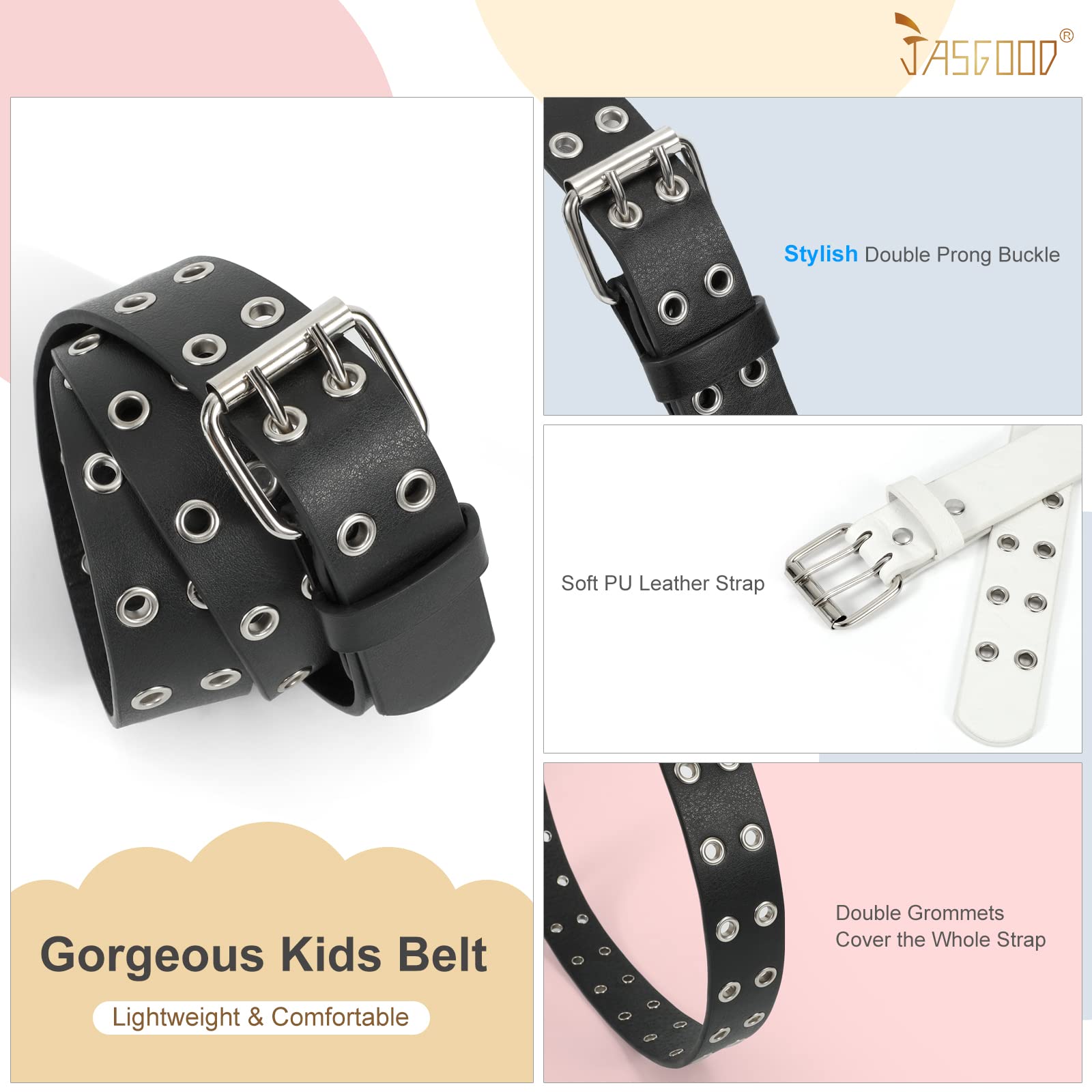 JASGOOD 2 Pack Kids Double Grommet Belt for Girls and Boys, PU Leather Kids Double Studded Holes Belt for Jeans Pants
