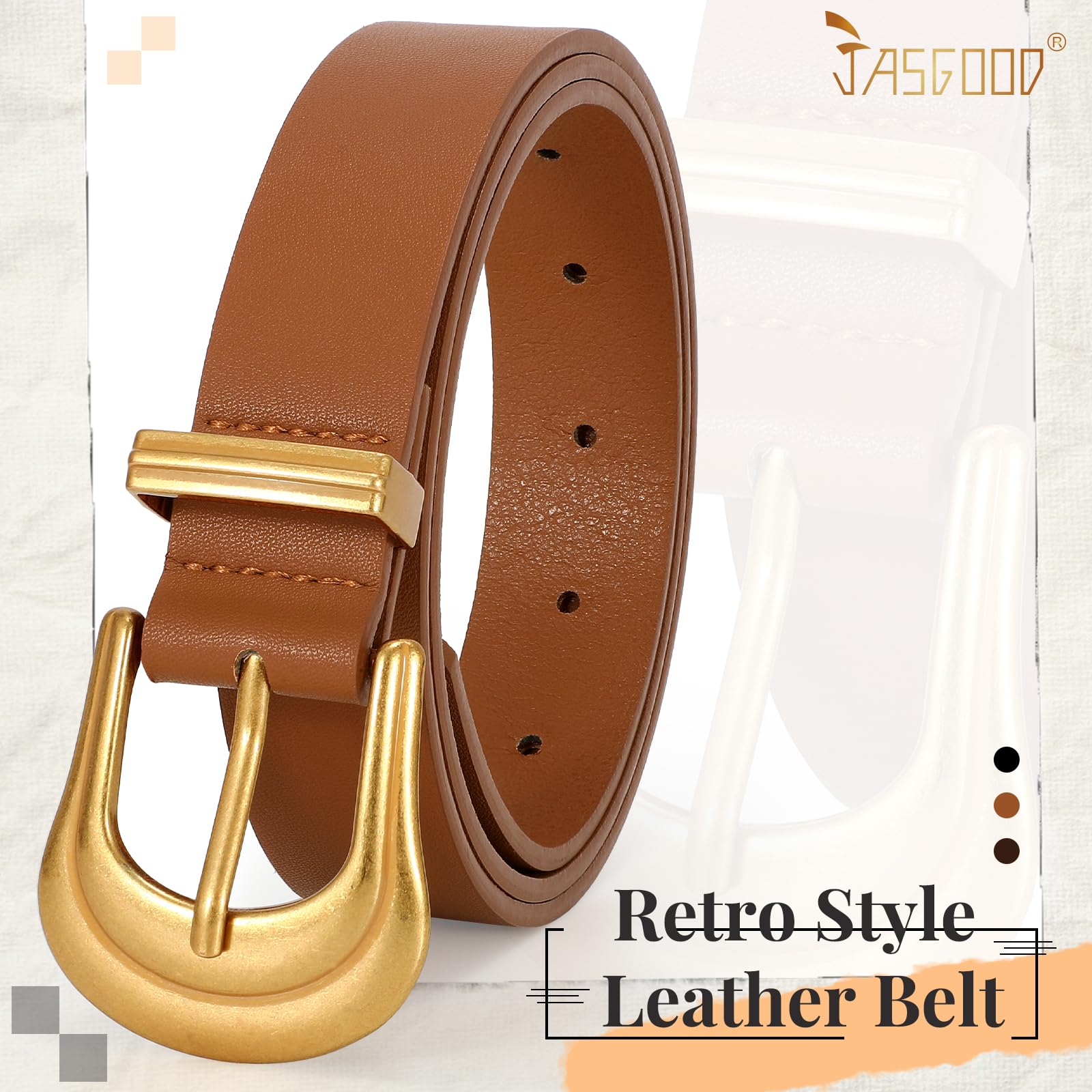 JASGOOD Women's Western Belt Vintage Black Leather Waist Belt for Pants Jeans with Gold Buckle