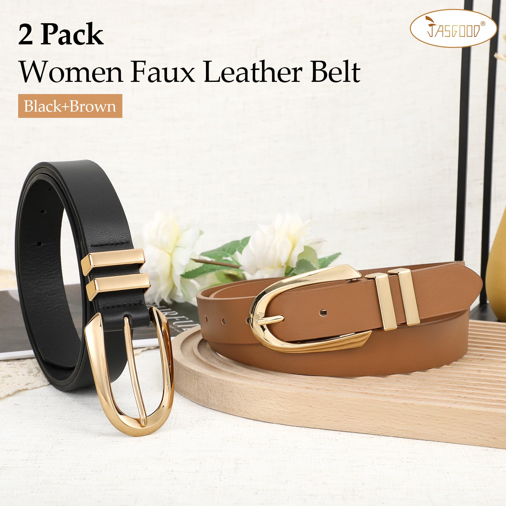 JASGOOD Women Leather Belt Fashion Waist Belt for Pants Jean Ladies Faux Leather Dress belt with Gold/Silver Buckle 2 Pack