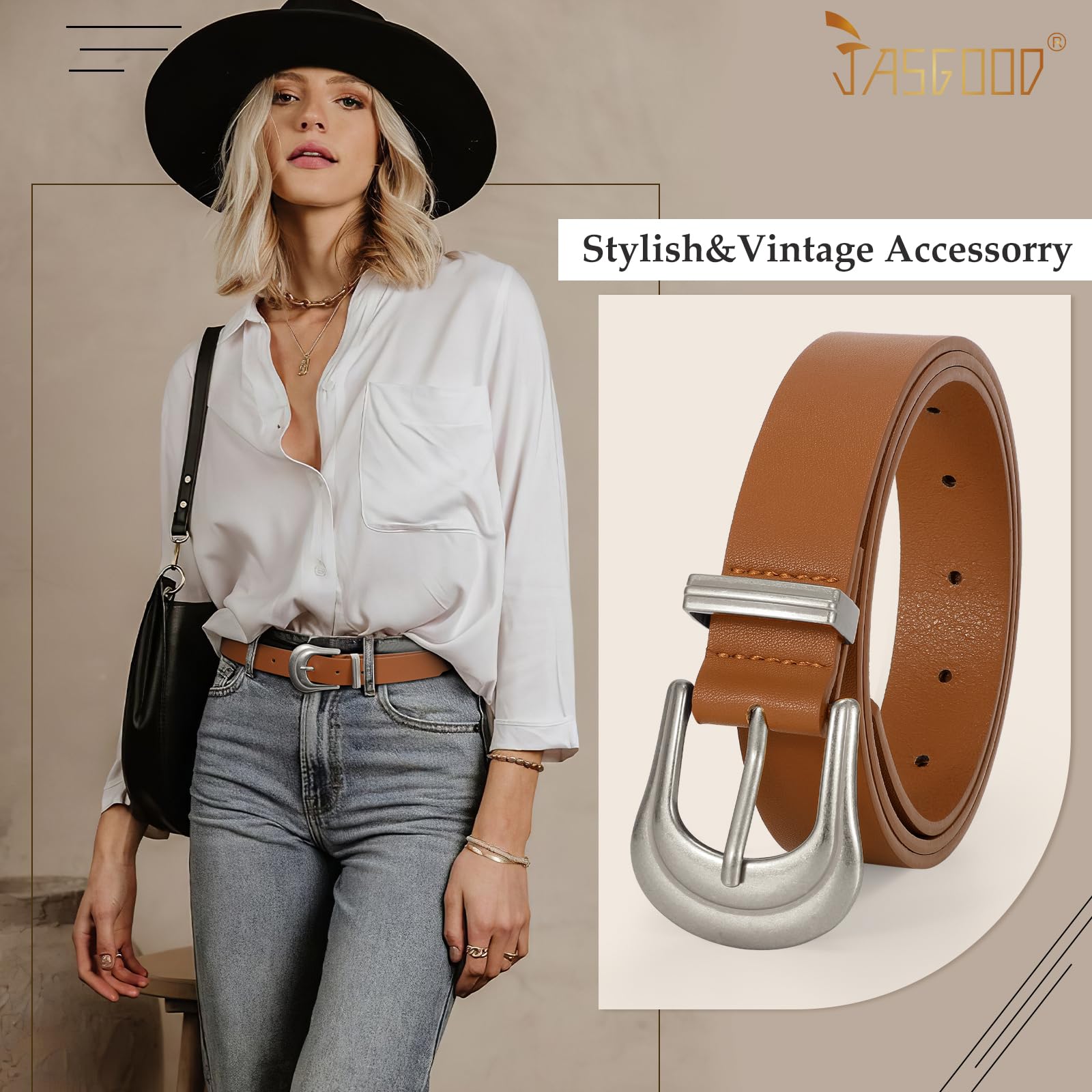 JASGOOD Women's Western Belt Vintage Black Leather Waist Belt for Pants Jeans with Gold Buckle
