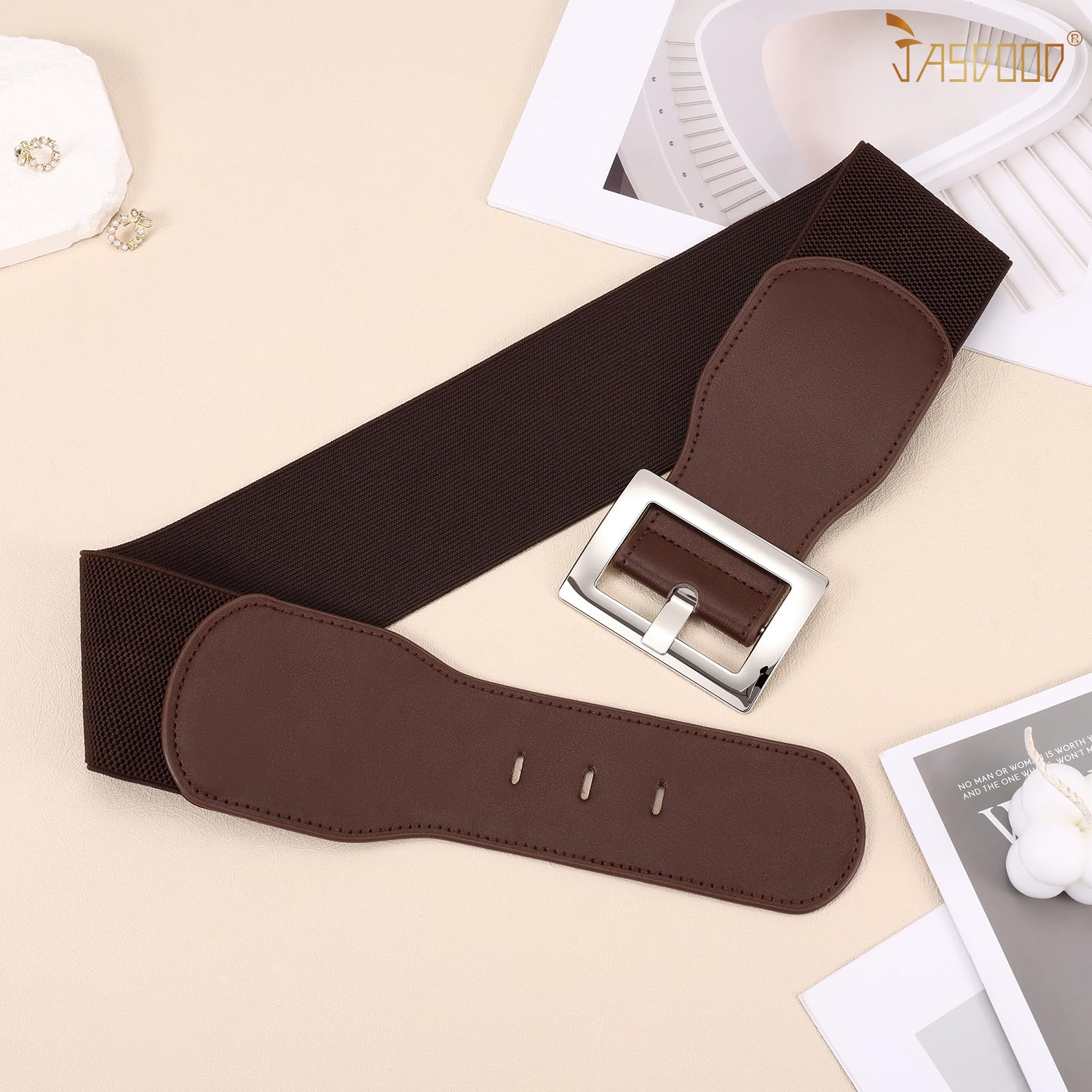 JASGOOD Women Wide Elastic Belt Stretchy Vintage Waist Belts for Dress Santa Belt with Square Buckle