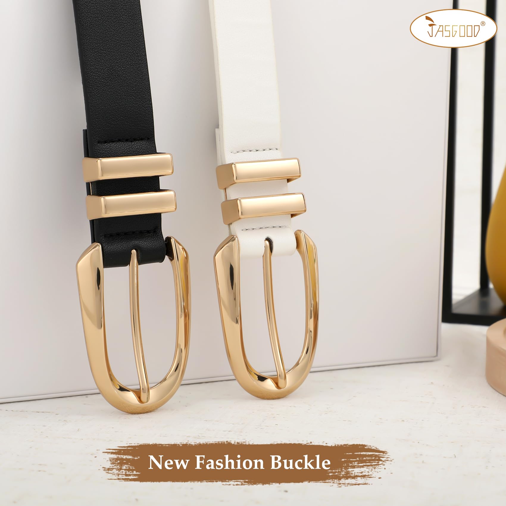 JASGOOD Women Leather Belt Fashion Waist Belt for Pants Jean Ladies Faux Leather Dress belt with Gold/Silver Buckle 2 Pack