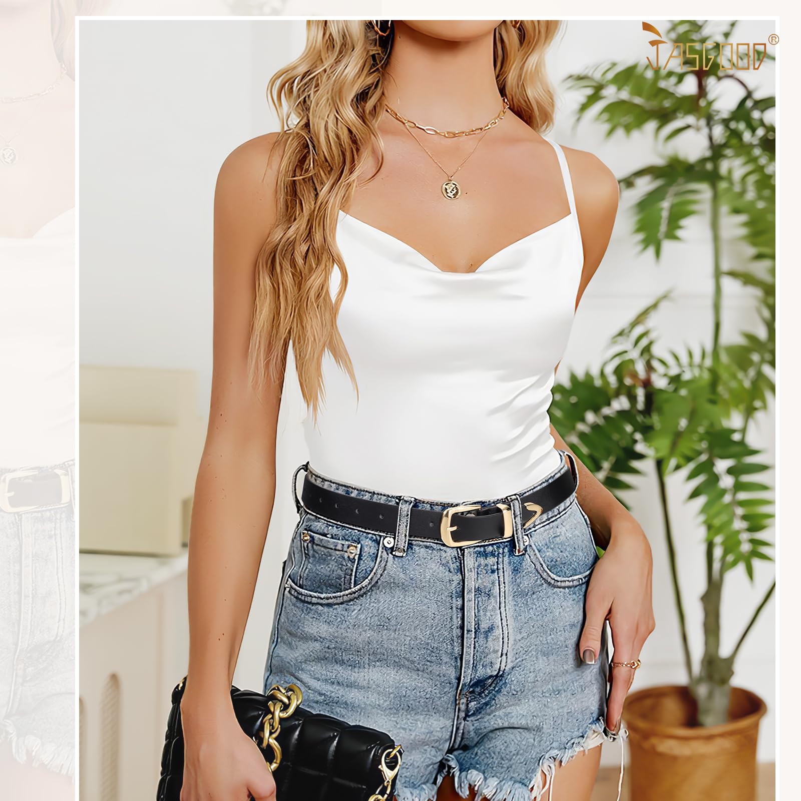 JASGOOD Women's Fashion Leather Belt Ladies Gold Buckle Leather Belt for Jeans Pants Dresses