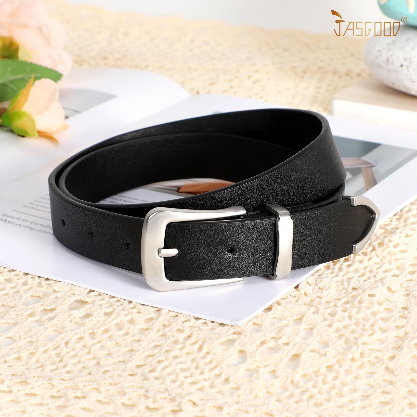 JASGOOD Women Leather Belt for Jeans Pants Ladies Waist Belt for Dress with Silver Buckle