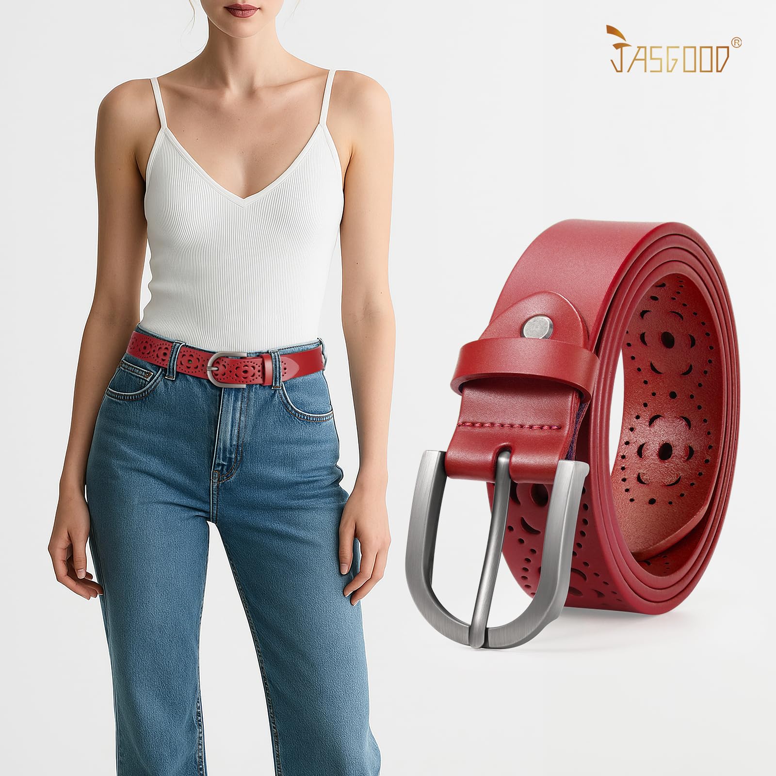 JASGOOD Hollow Genuine Leather Belt for Women Ladies Belt for Jeans Pants Casual Waist Belt - JASGOOD OFFICIAL