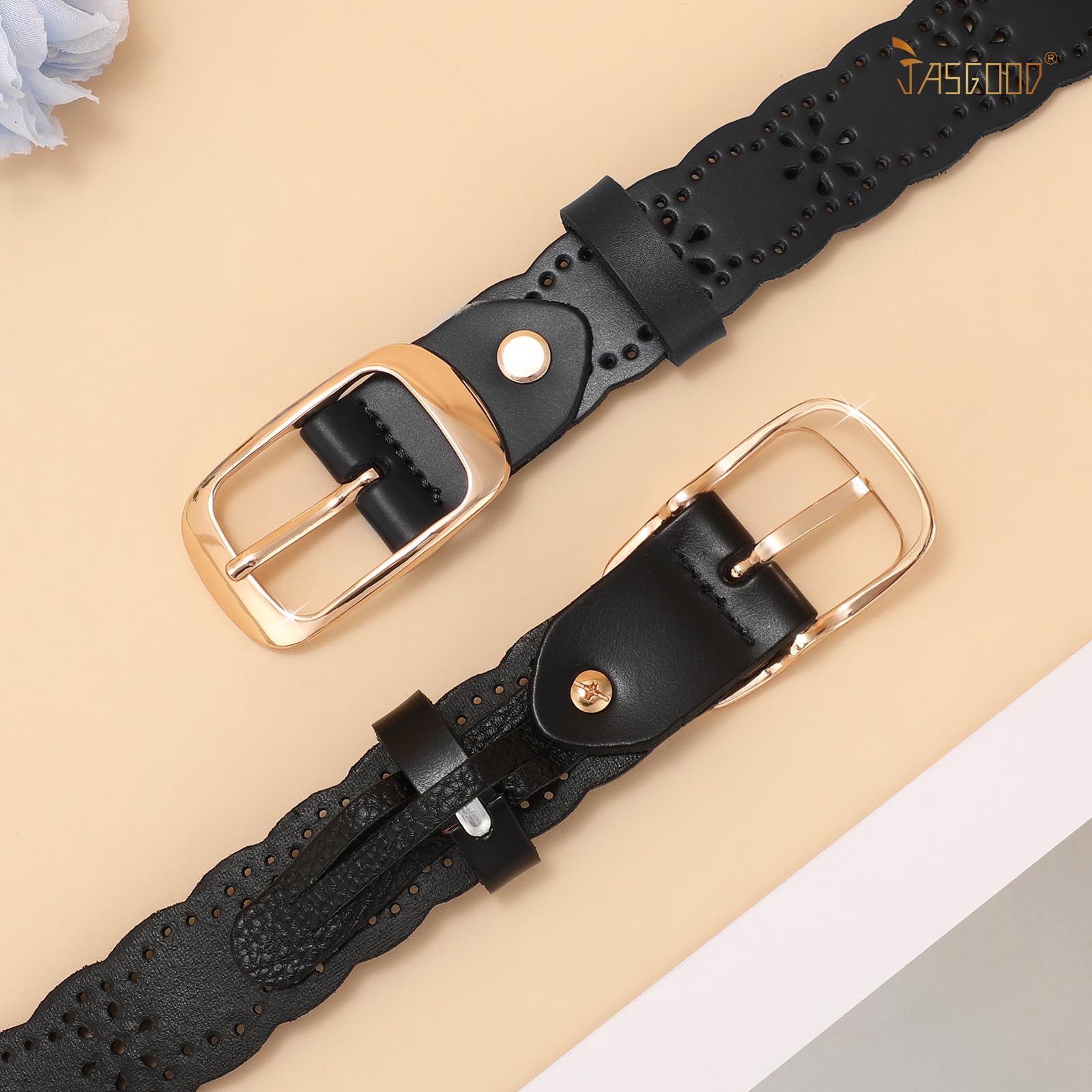 JASGOOD Leather Belt for Women Hollow Flower Leather Belt for Jeans Pants Fashion Waist Belt with Gold Buckle