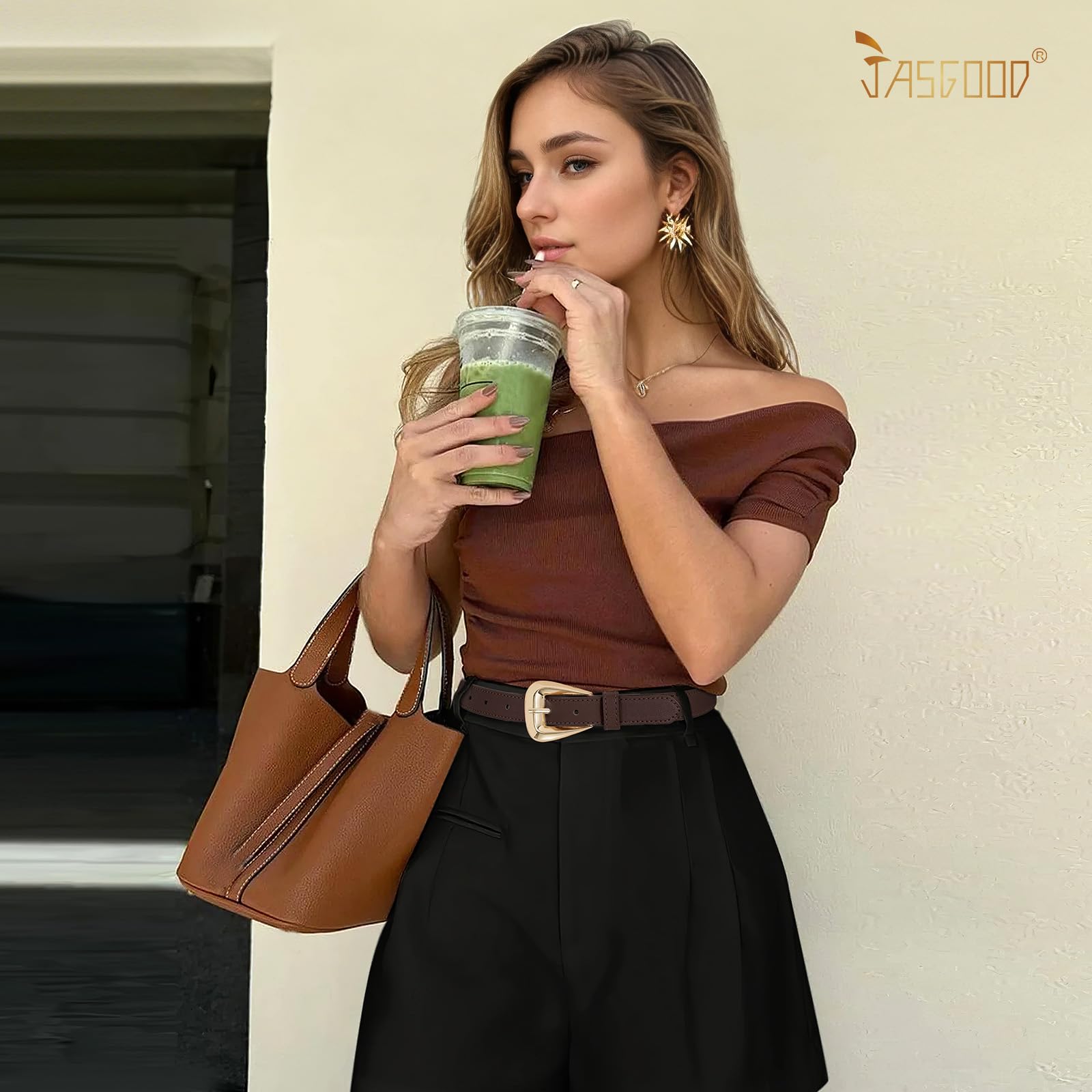JASGOOD Women Leather Belts for Jeans Pants Soft Leather Waist Belt for Ladies Vintage Belt with Gold Buckle 0.9" Width