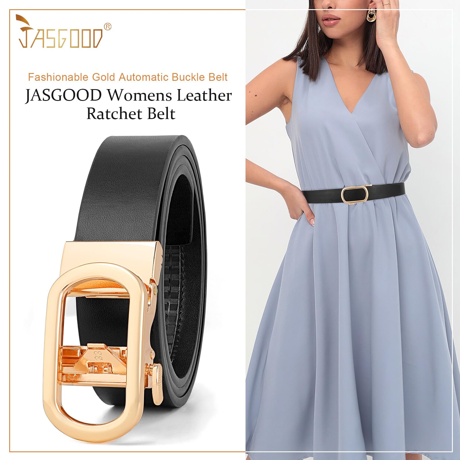 JASGOOD Women Leather Ratchet Belt for Jeans Pants Dresses Adjustable Belt with Automatic Sliding Buckle, Width 1.2" - JASGOOD OFFICIAL