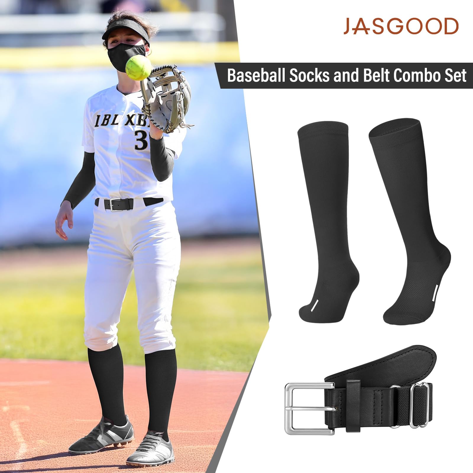 JASGOOD Baseball Softball Socks and Belt Combo Set Breathable Soccer Football Socks for Adult and Youth
