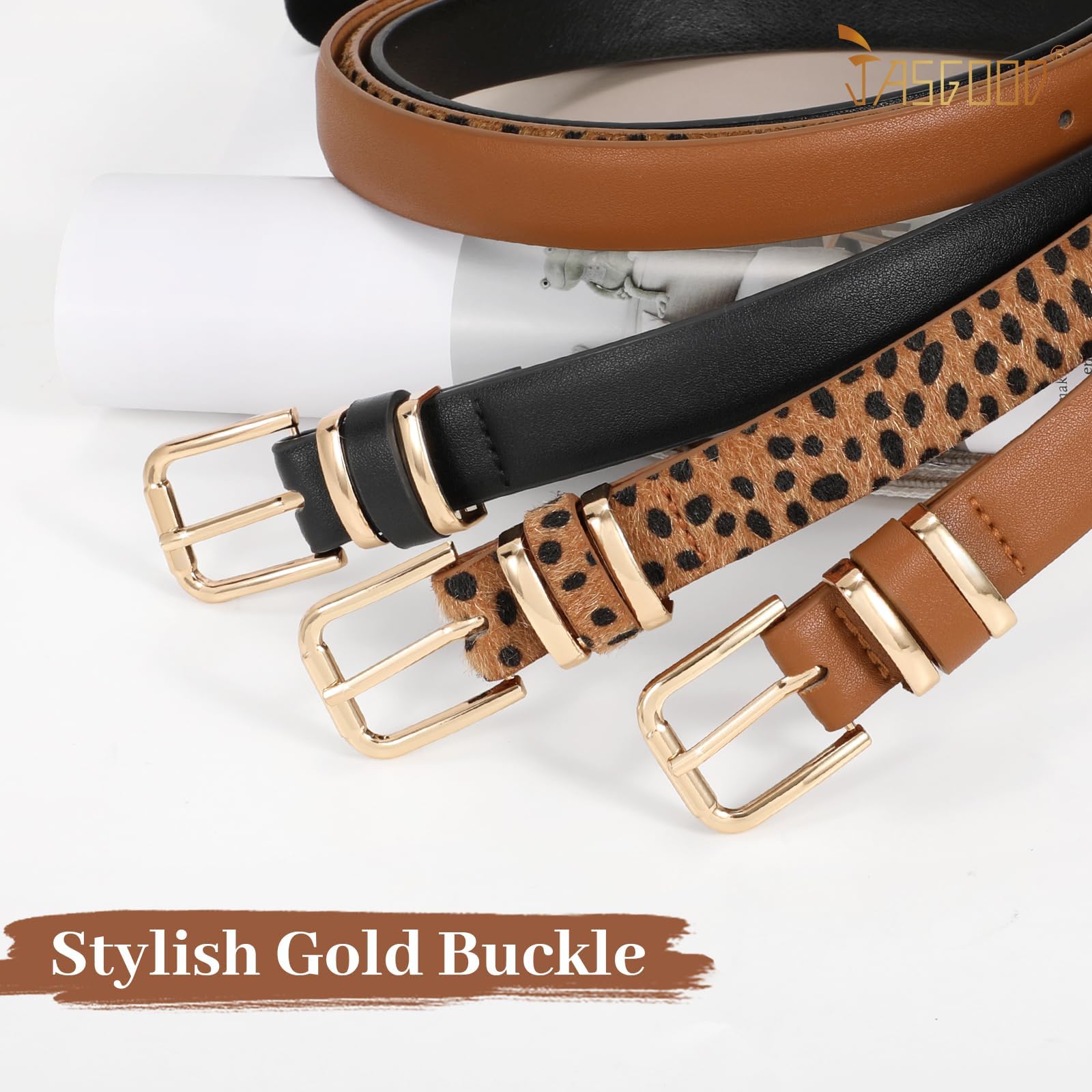 JASGOOD 3 Pack Belts for Women Belt for Jeans Pants Dress Ladies Leather Fashion Waist Thin Belts with Gold Buckle