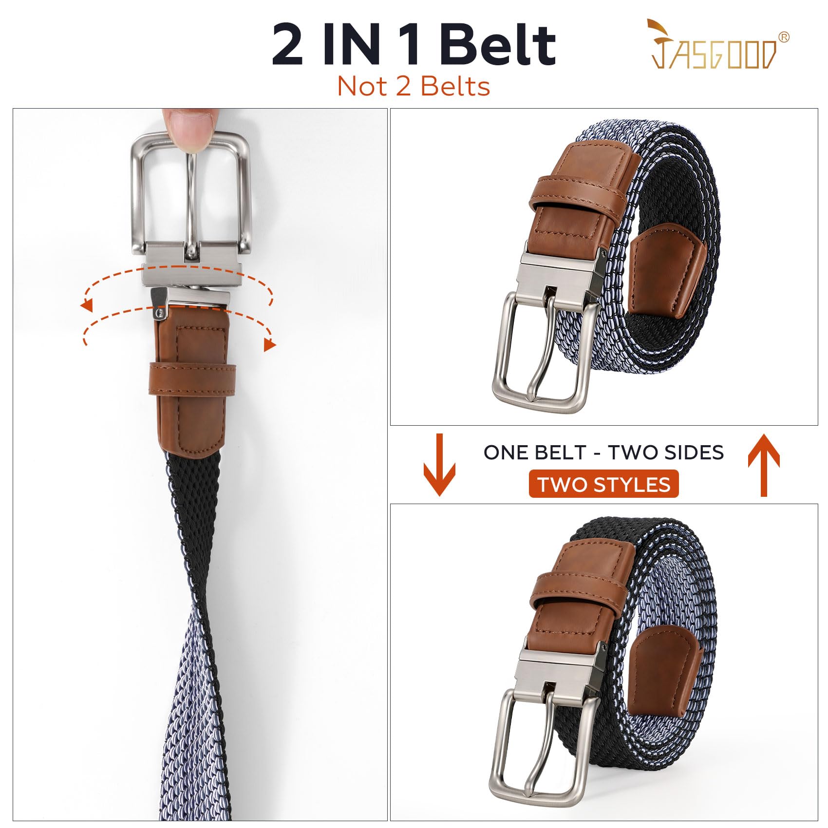 JASGOOD Reversible Elastic Braided Belt for Men, 1.34" Casual Woven Stretch Golf Belt for Jeans Shorts Pants