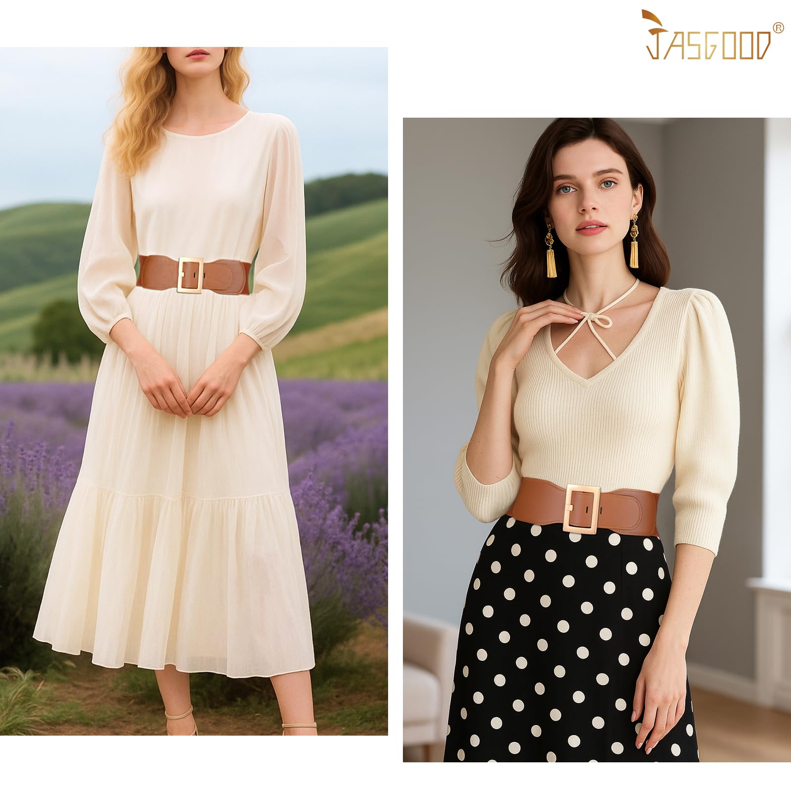 JASGOOD Women Wide Elastic Belt Stretchy Vintage Waist Belts for Dress Santa Belt with Square Buckle