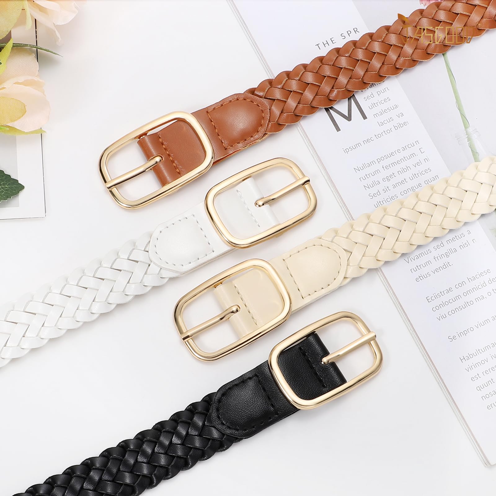 JASGOOD Women's Skinny Leather Braided Belt, Hand-Woven Thin Belt with Gold Buckle for Women for Jeans Pants Dresses