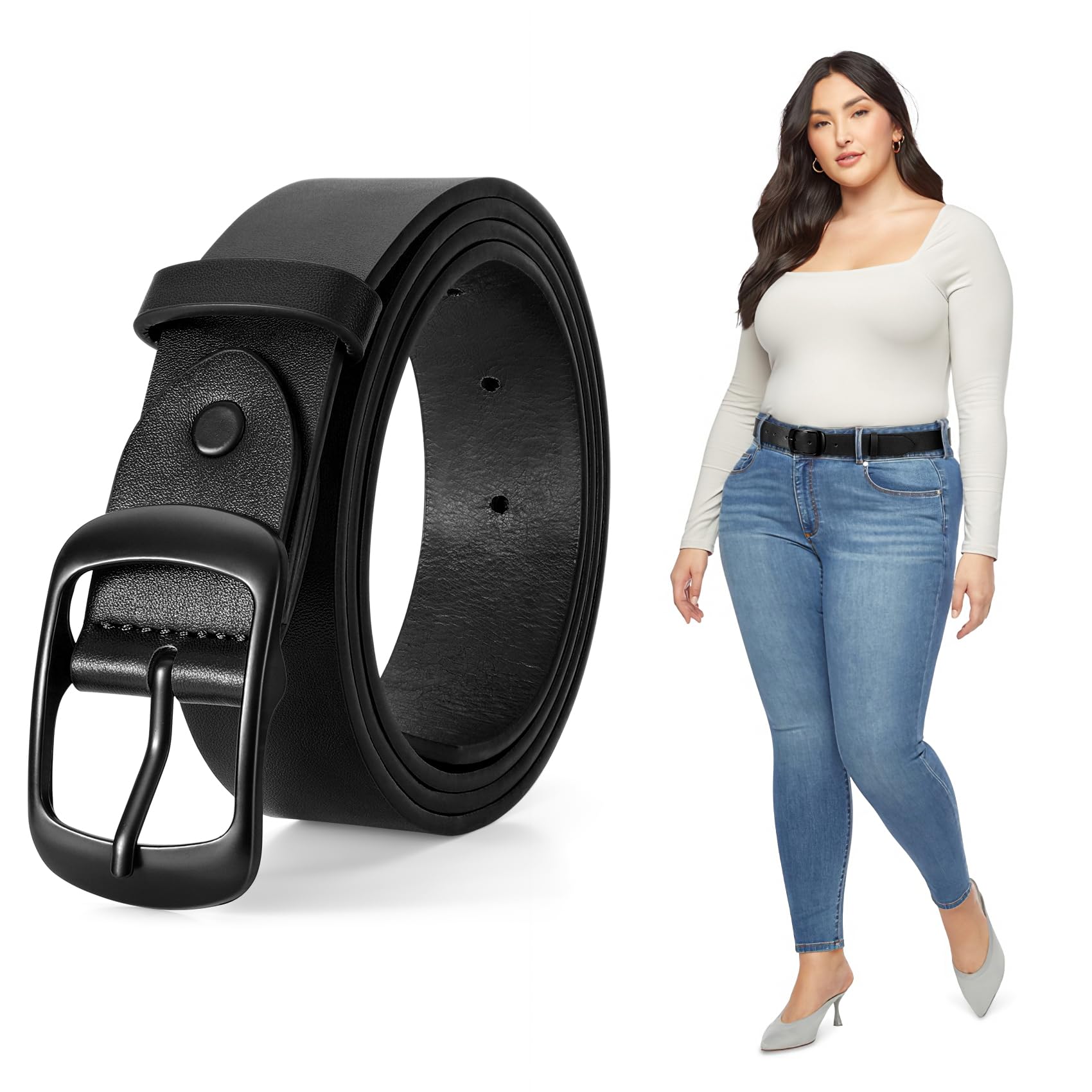 JASGOOD Plus Size Women Leather Belt Black Casual Waist Belt for Jeans Pants with Metal Pin Buckle - JASGOOD OFFICIAL
