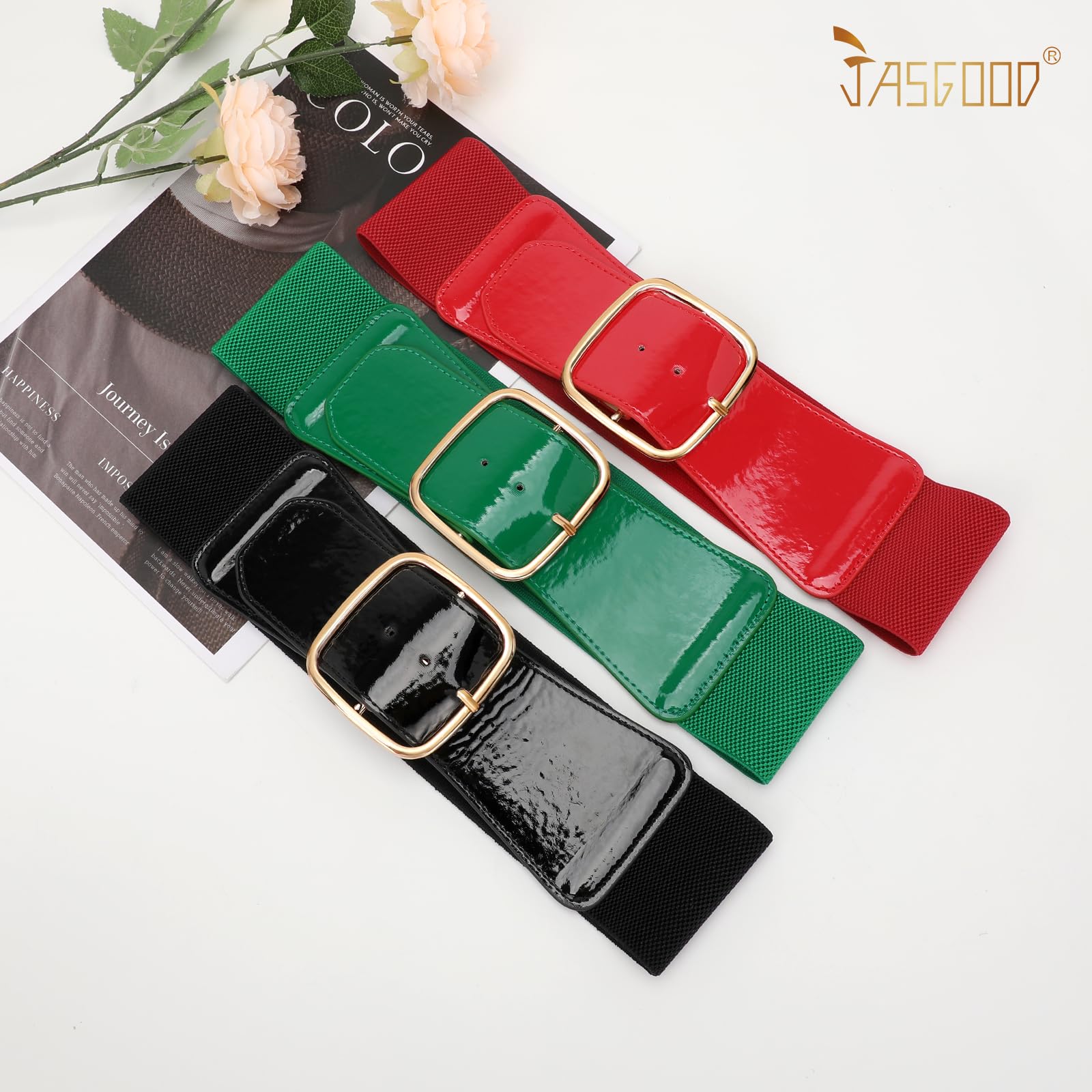 JASGOOD Women Elastic Wide Belt Ladies Stretchy Waist Belt with Square Buckle for Dress